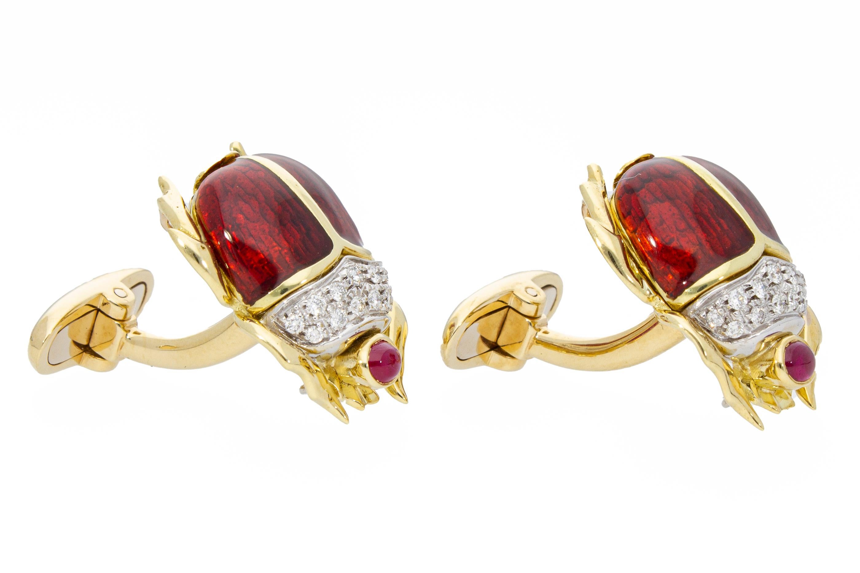 Brilliant Cut Beetle-Shaped Cufflinks Rubies 0.50ct Diamonds 0.26ct Handcrafted Italy 18 Karat For Sale