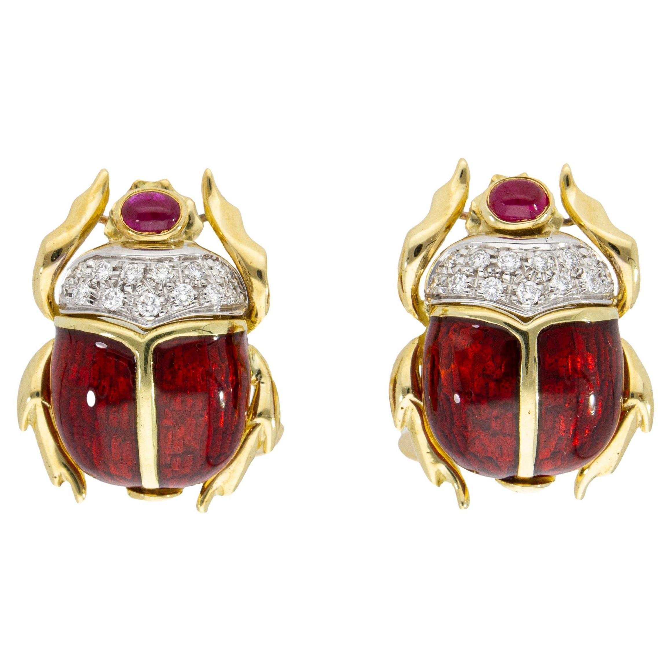 Beetle-Shaped Cufflinks Rubies 0.50ct Diamonds 0.26ct Handcrafted Italy 18 Karat For Sale