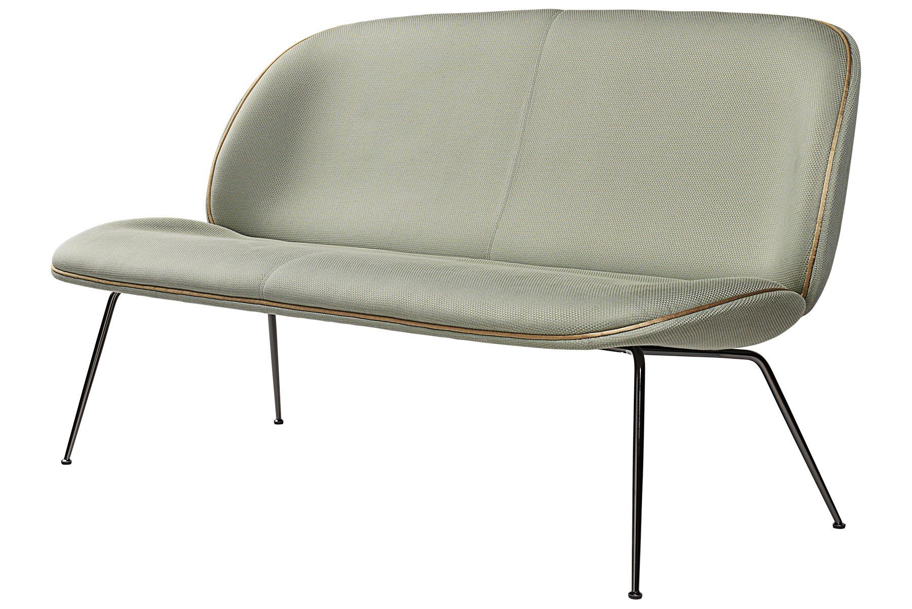 Brass Beetle Sofa, Conic Base, Fully Upholstered with Black Chrome Legs For Sale