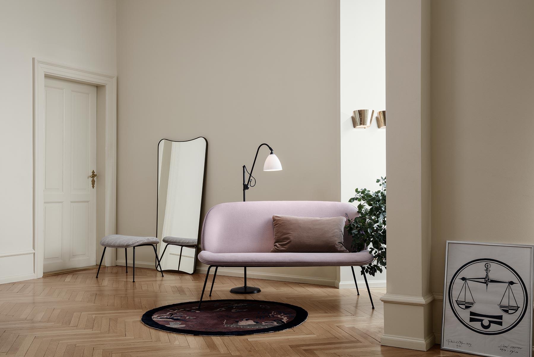 Beetle Sofa, Conic Base, Fully Upholstered with Semi-Matte Brass Legs For Sale 3