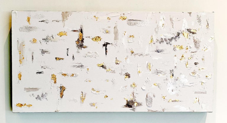 This mixed media painting by Bee Zee features abstract images and marks on a primarily white canvas.  The marks are interspersed with 24k gold leaf marks.  This painting is part of the series, 'Transition Panels.'

This painting exudes playful