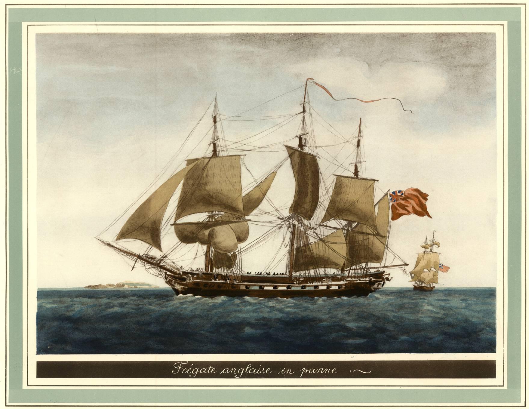 Handcolored heliotype of an English ship after a work of Jean-Jérôme Baugean, created in circa 1920.

This original print is described as a handcolored heliotype, a technique that was developed in the 19th century as a photo-mechanical process. It