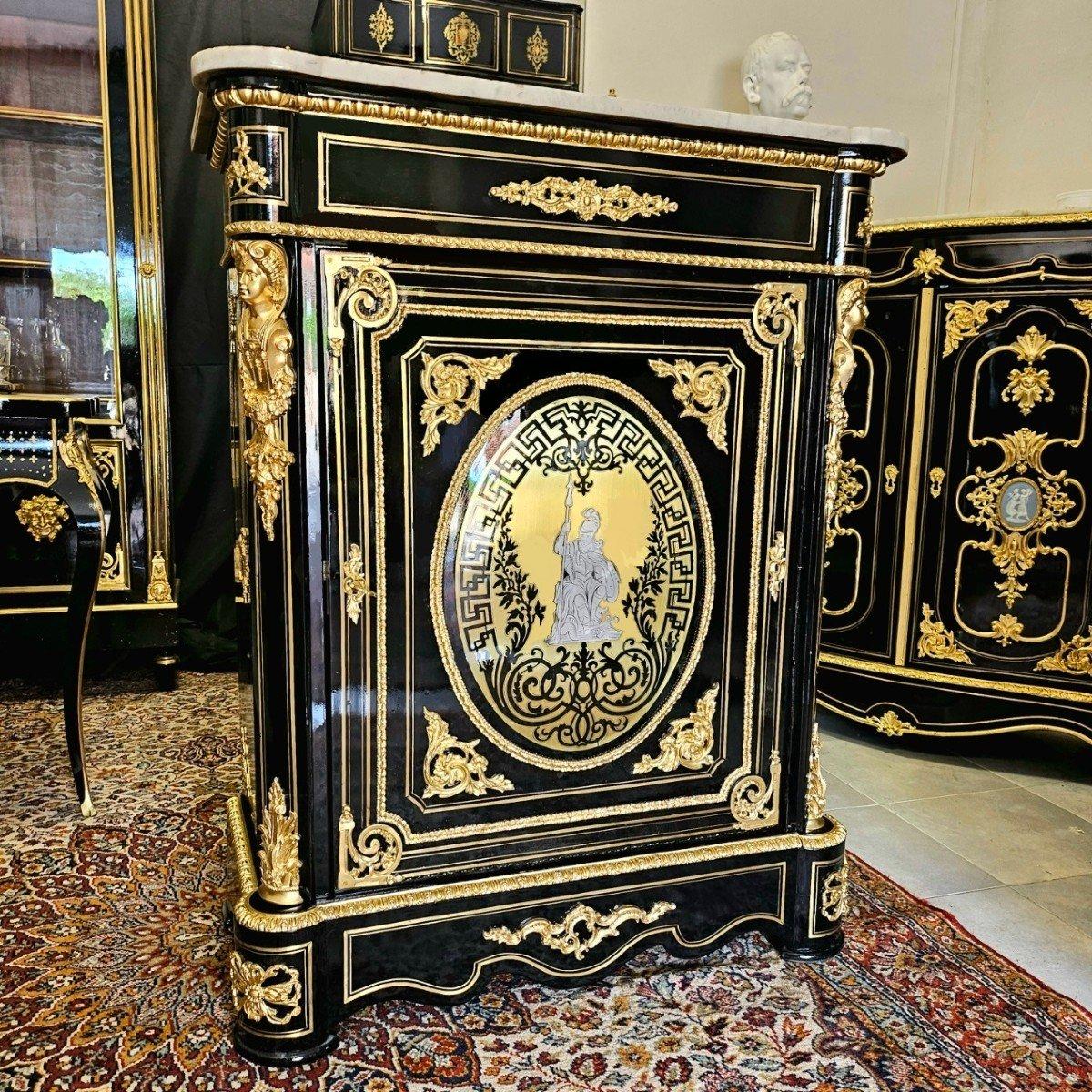 Brass Befort Jeune stamped Boulle Marquetry Style French Cabinet Gilt Napoleon III For Sale