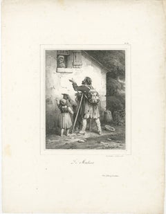Beggar with Children Asking for Alms, Bellangé Social Scene Lithograph, 1828