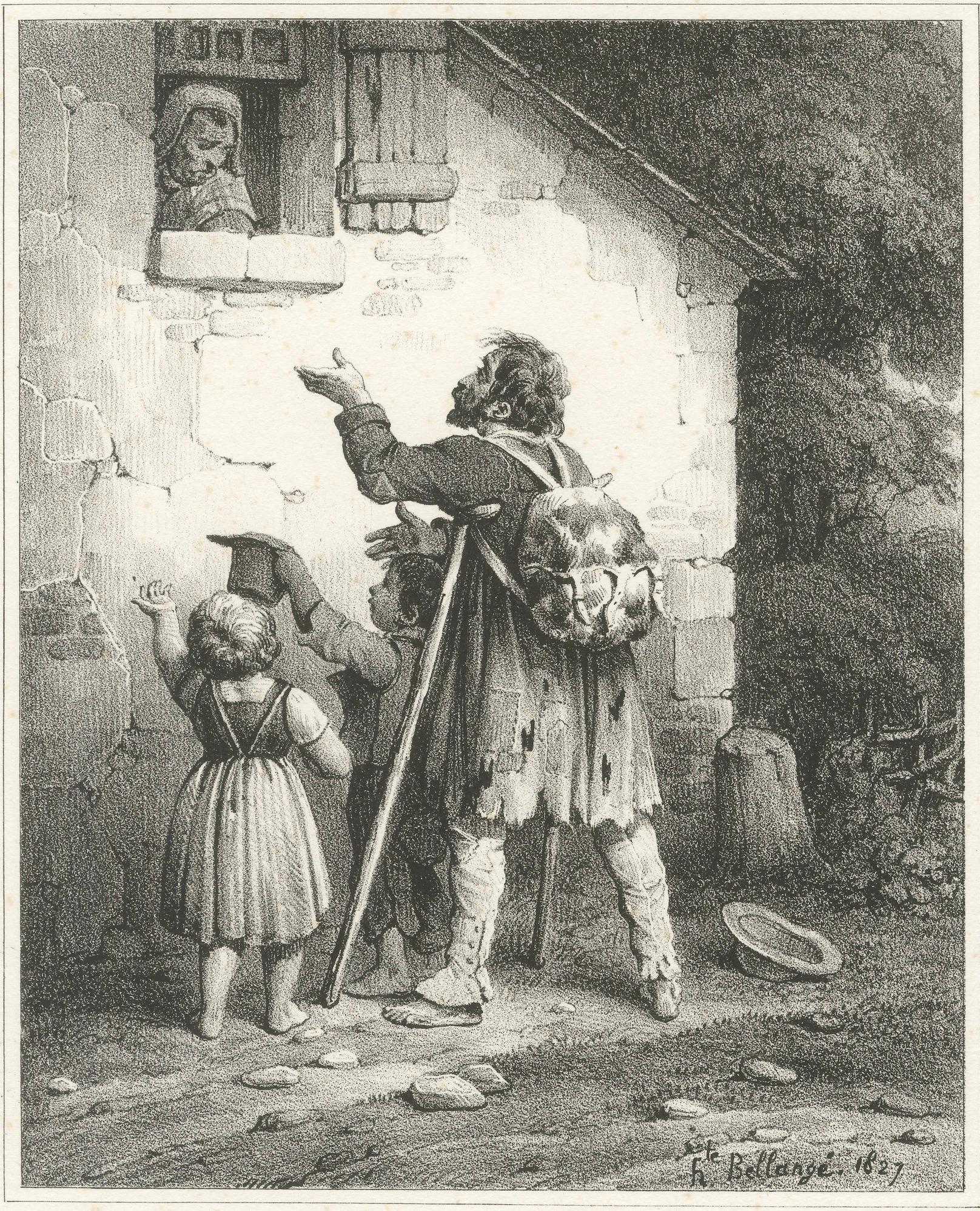 Beggar with Children Asking for Alms, Bellangé Social Scene Lithograph, 1828