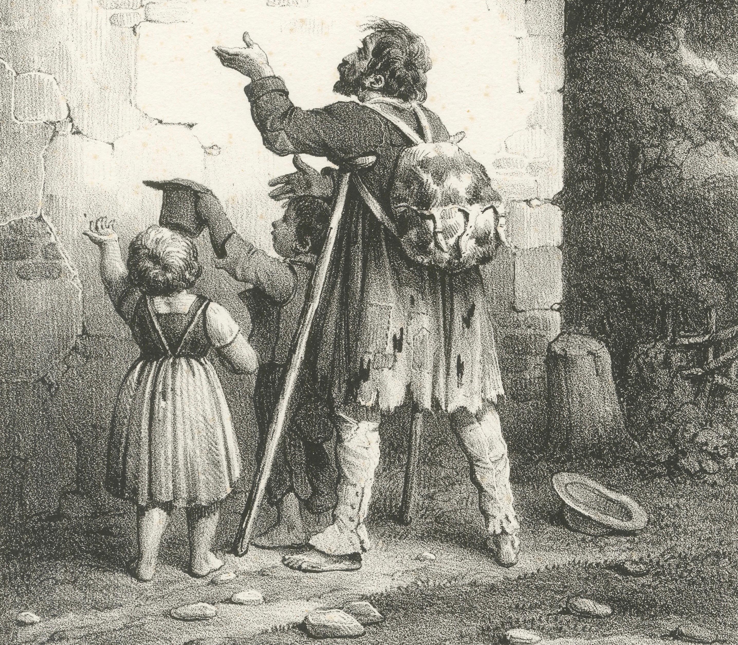 Beggar with Children Asking for Alms, Bellangé Social Scene Lithograph, 1828