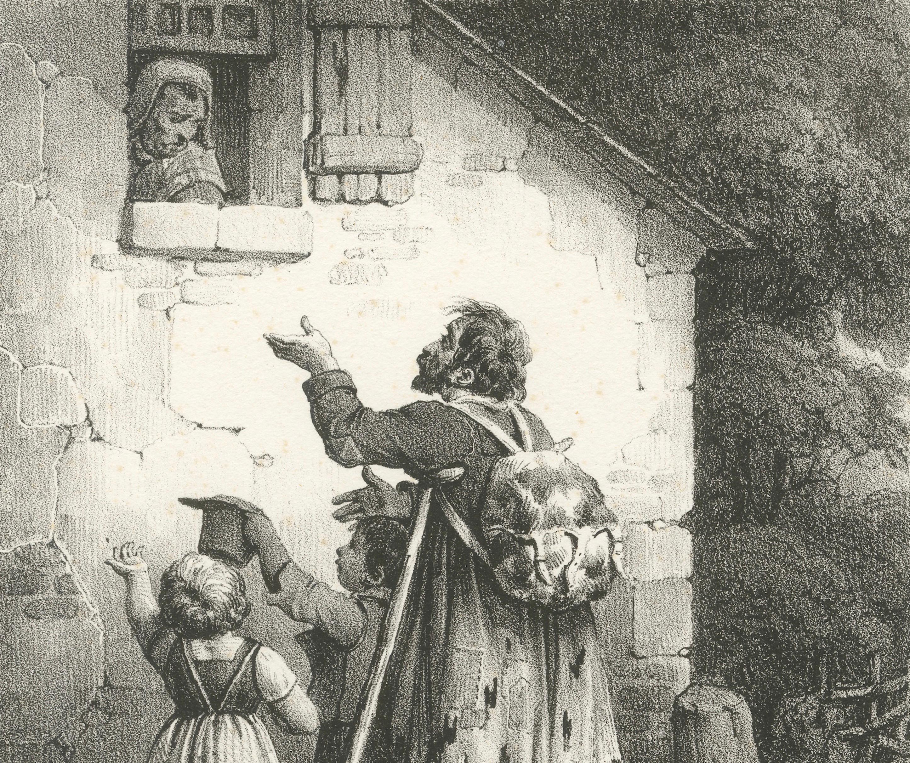 Beggar with Children Asking for Alms, Bellangé Social Scene Lithograph, 1828