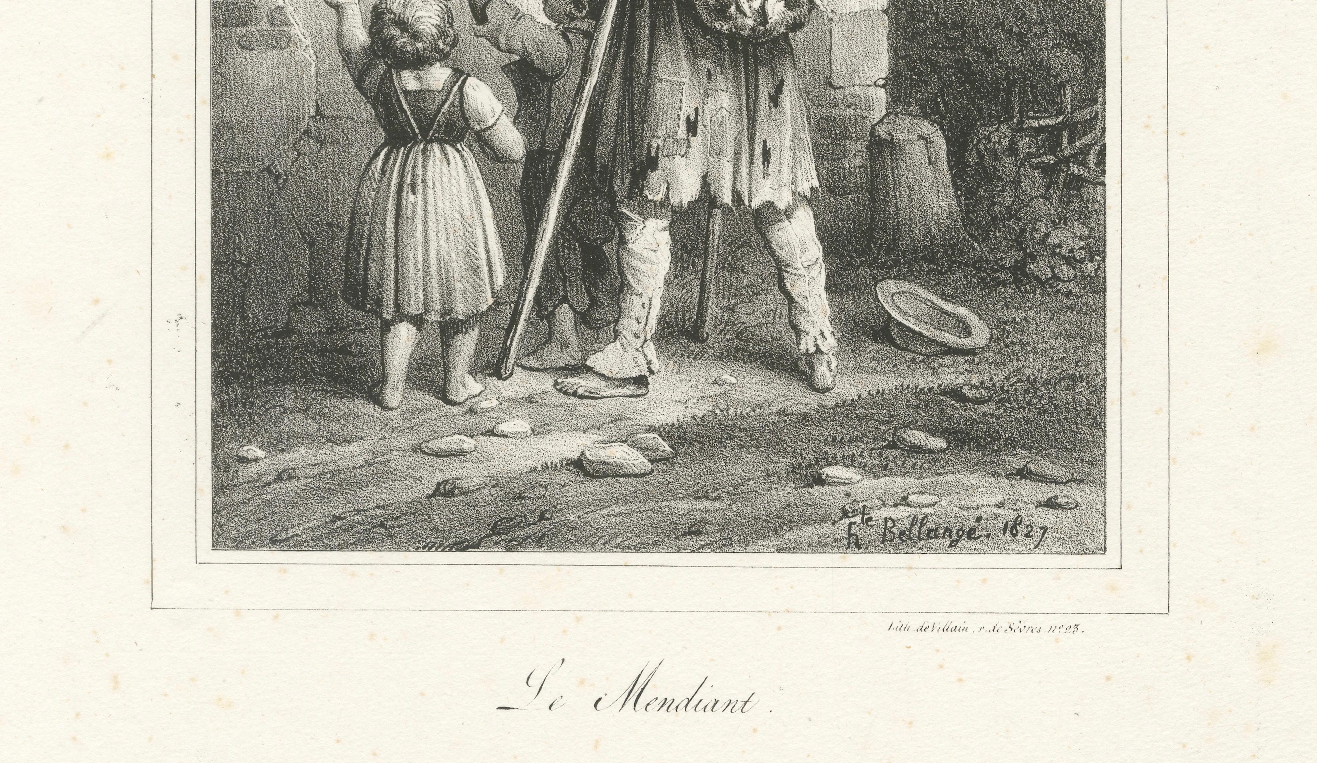 Beggar with Children Asking for Alms, Bellangé Social Scene Lithograph, 1828