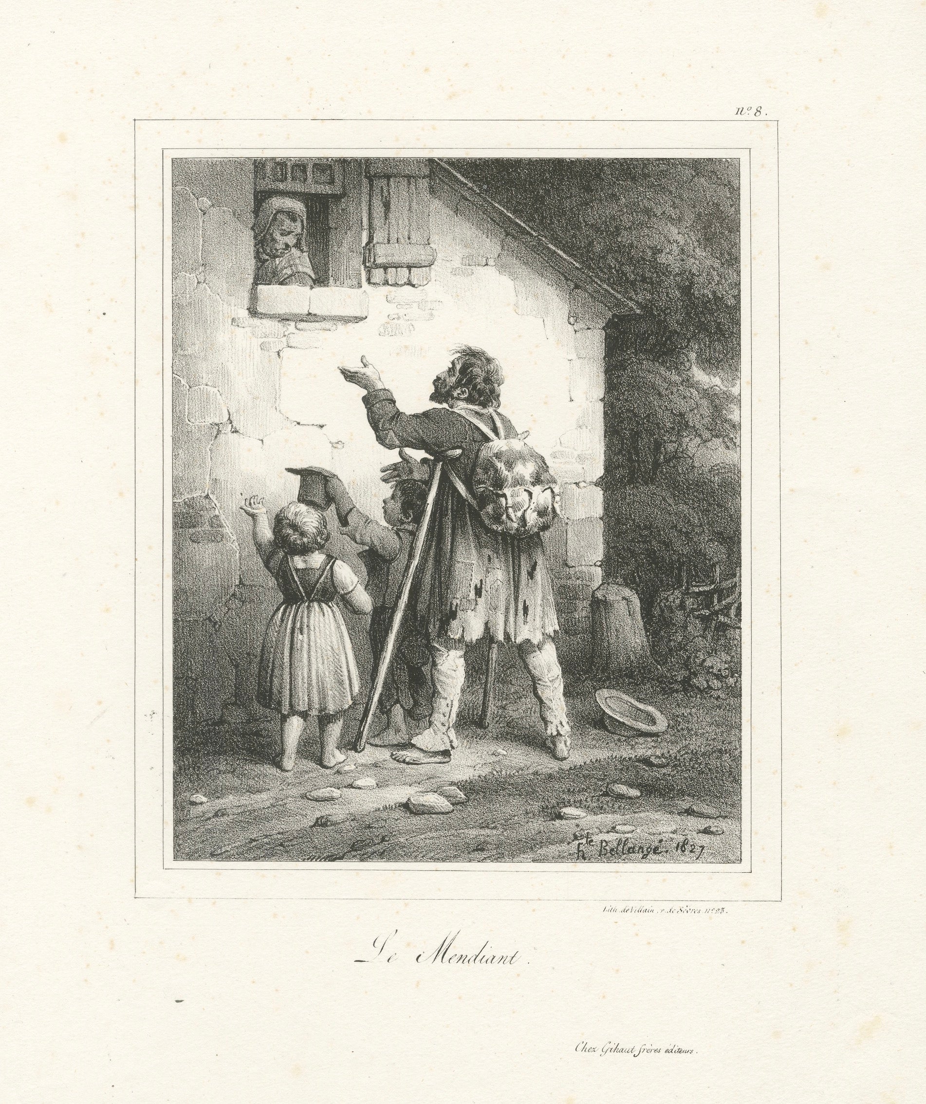Beggar with Children Asking for Alms, Bellangé Social Scene Lithograph, 1828 For Sale