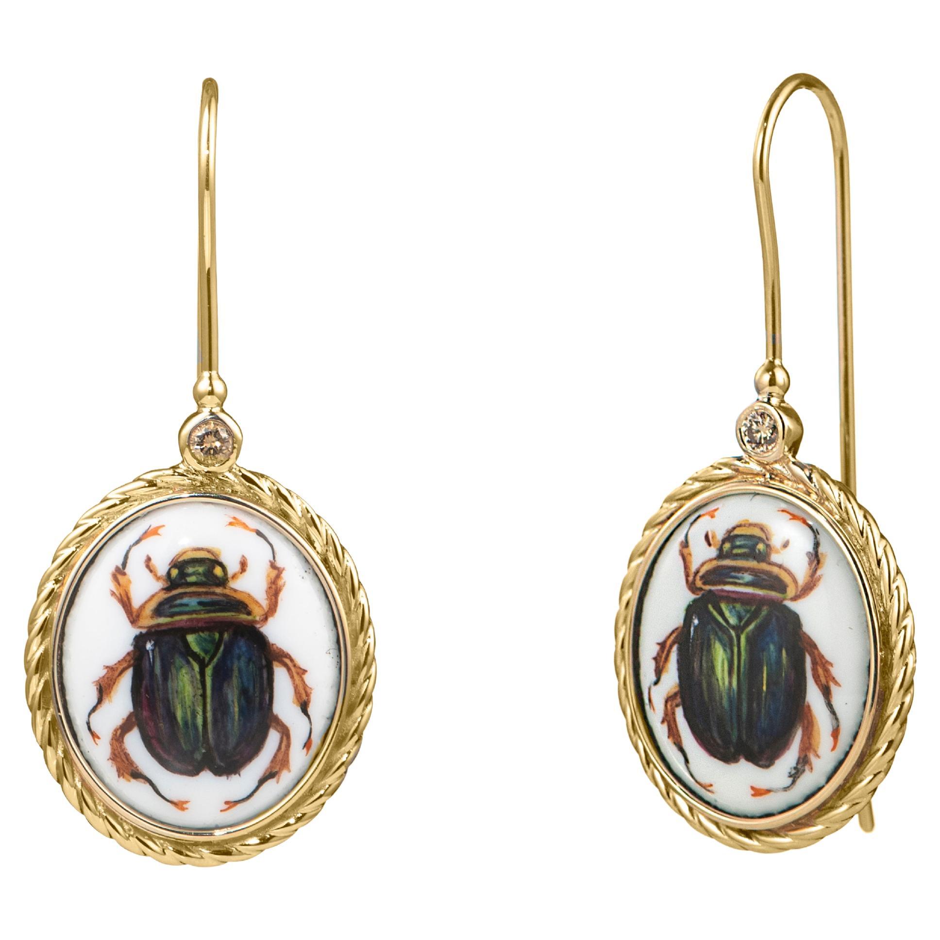 Begin Earrings with Big Hand-Painted Enamel Scarabs For Sale