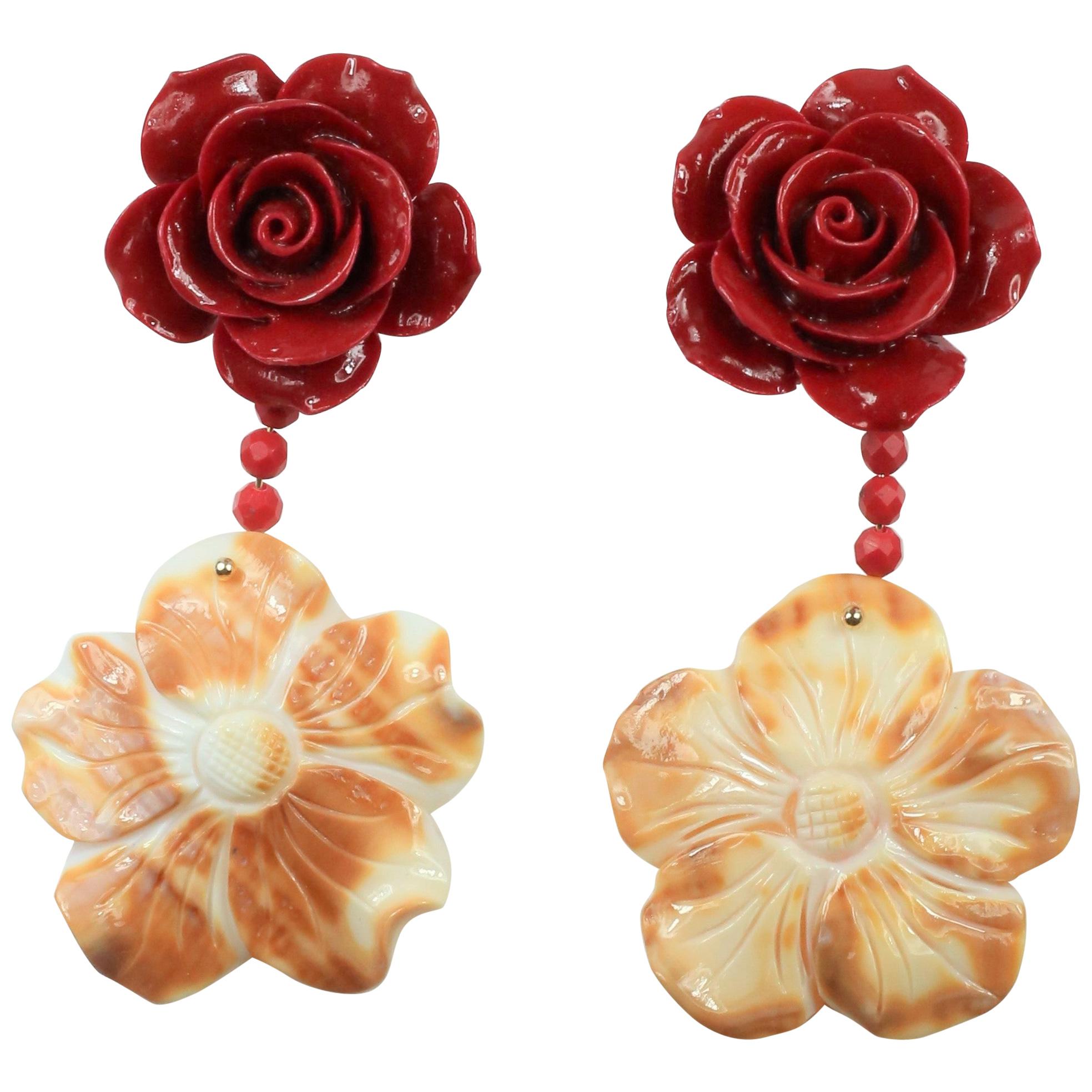 Begonia Flower Collection Red and Cornelian Earrings in Gold-Plated Silver