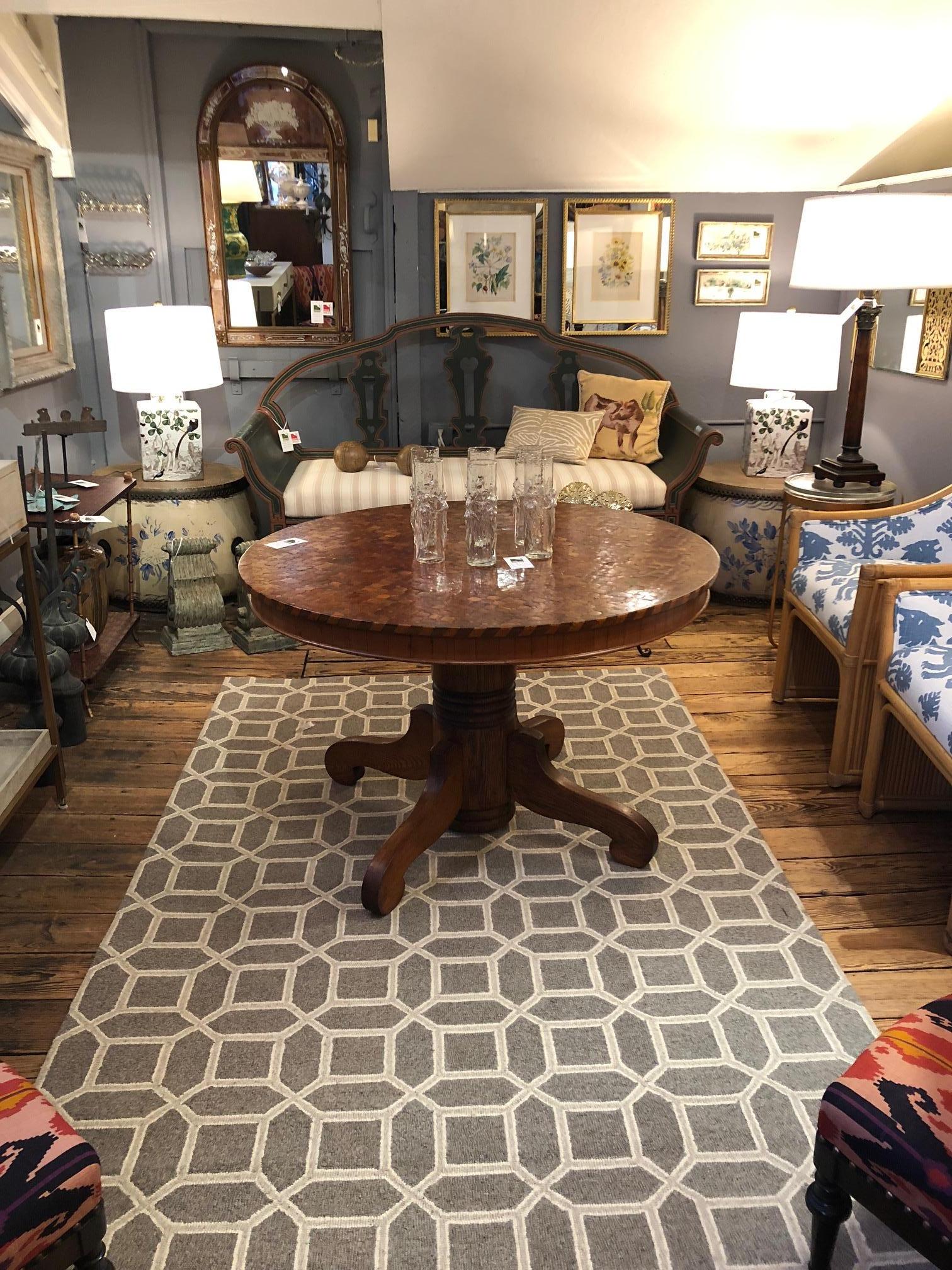 American Beguiling Round Parquet Dining or Center Table with Pedestal Base