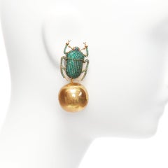 BEGUM KHAN green emerald bug 9K yellow gold ball dangling clip on earring