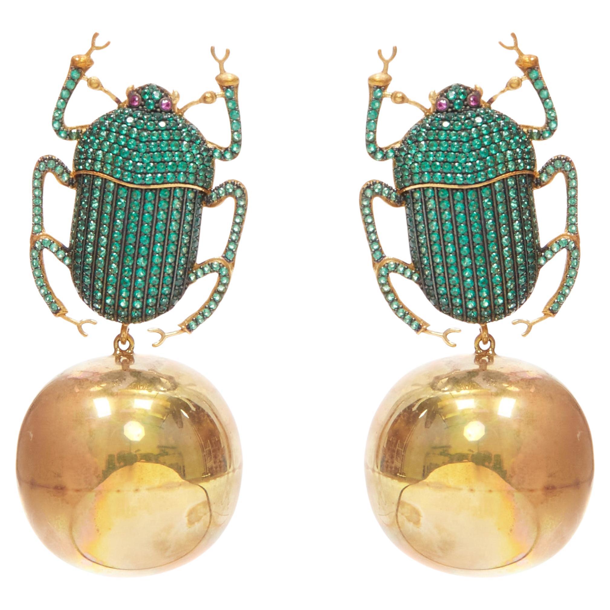 BEGUM KHAN green emerald bug 9K yellow gold ball dangling clip on earring