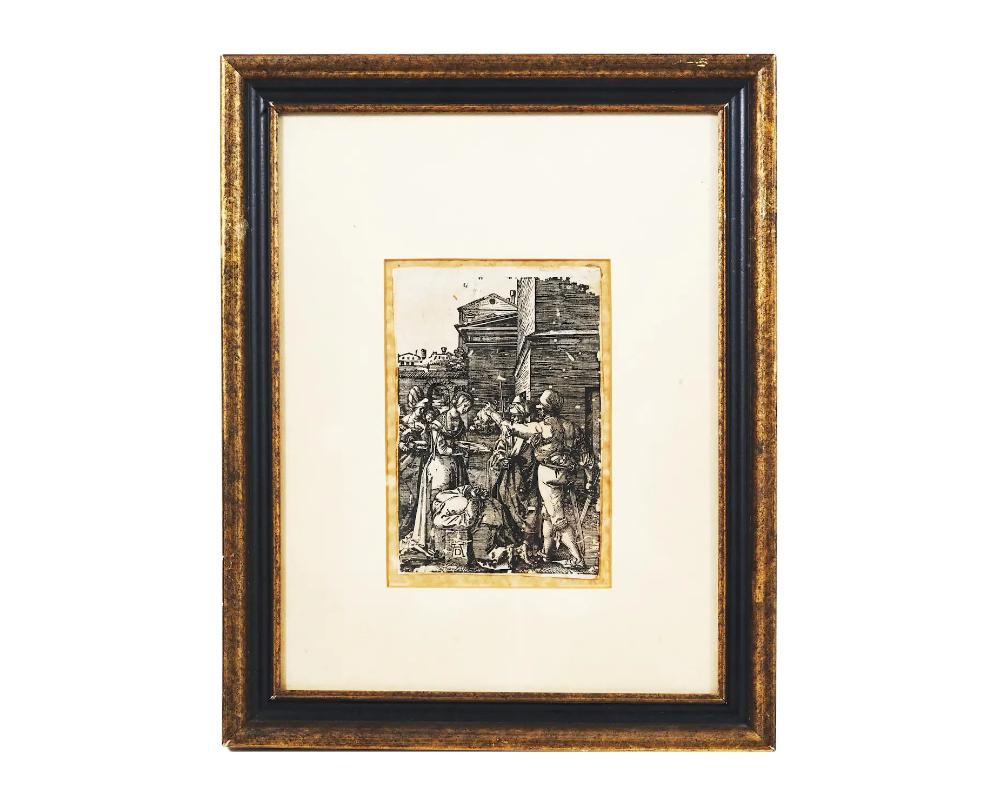 Woodcut print on paper, a reproduction of an original 1510 artwork titled Beheading of John the Baptist by Albrecht Durer, 1471 to 1528, a German painter and printmaker of the Northern Renaissance. The print depicts an executioner holding the head