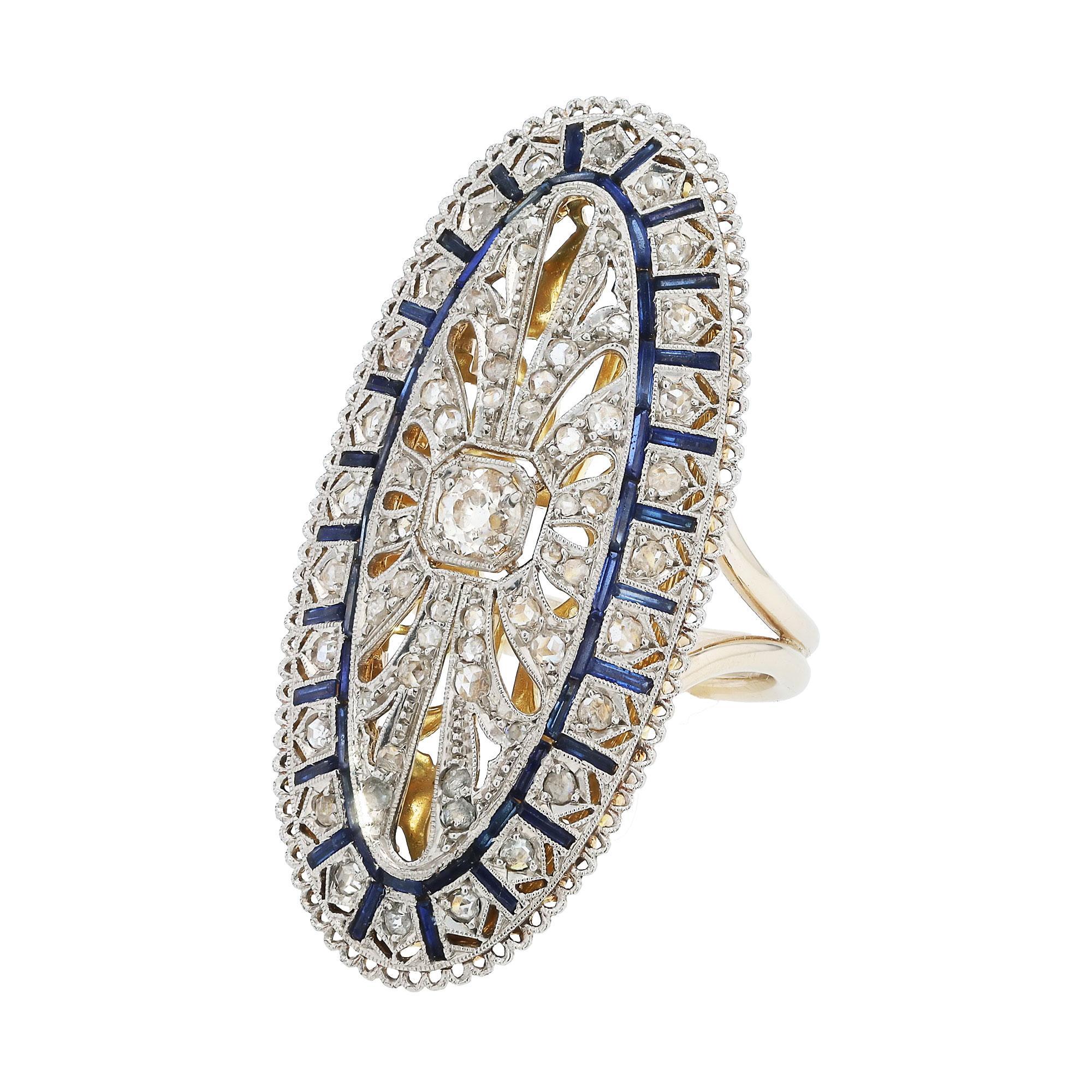 Old European Cut Behemoth Antique Filigree Edwardian Diamond & Sapphire Shield Cocktail Ring