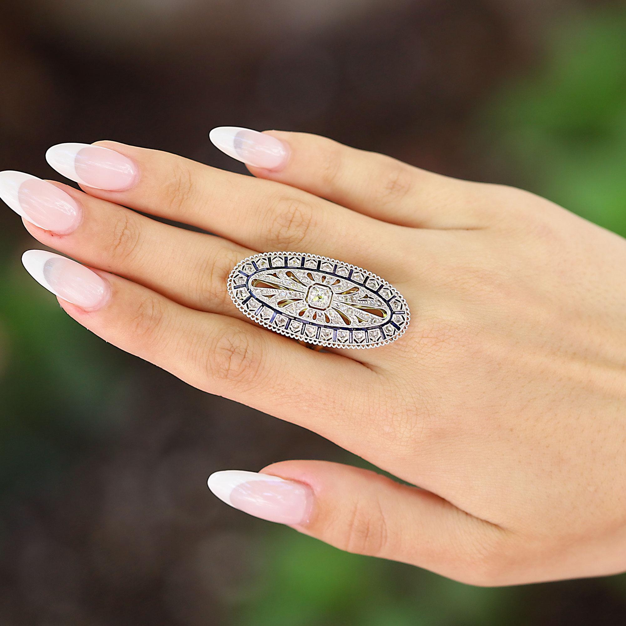 Behemoth Antique Filigree Edwardian Diamond & Sapphire Shield Cocktail Ring In Good Condition In Santa Barbara, CA