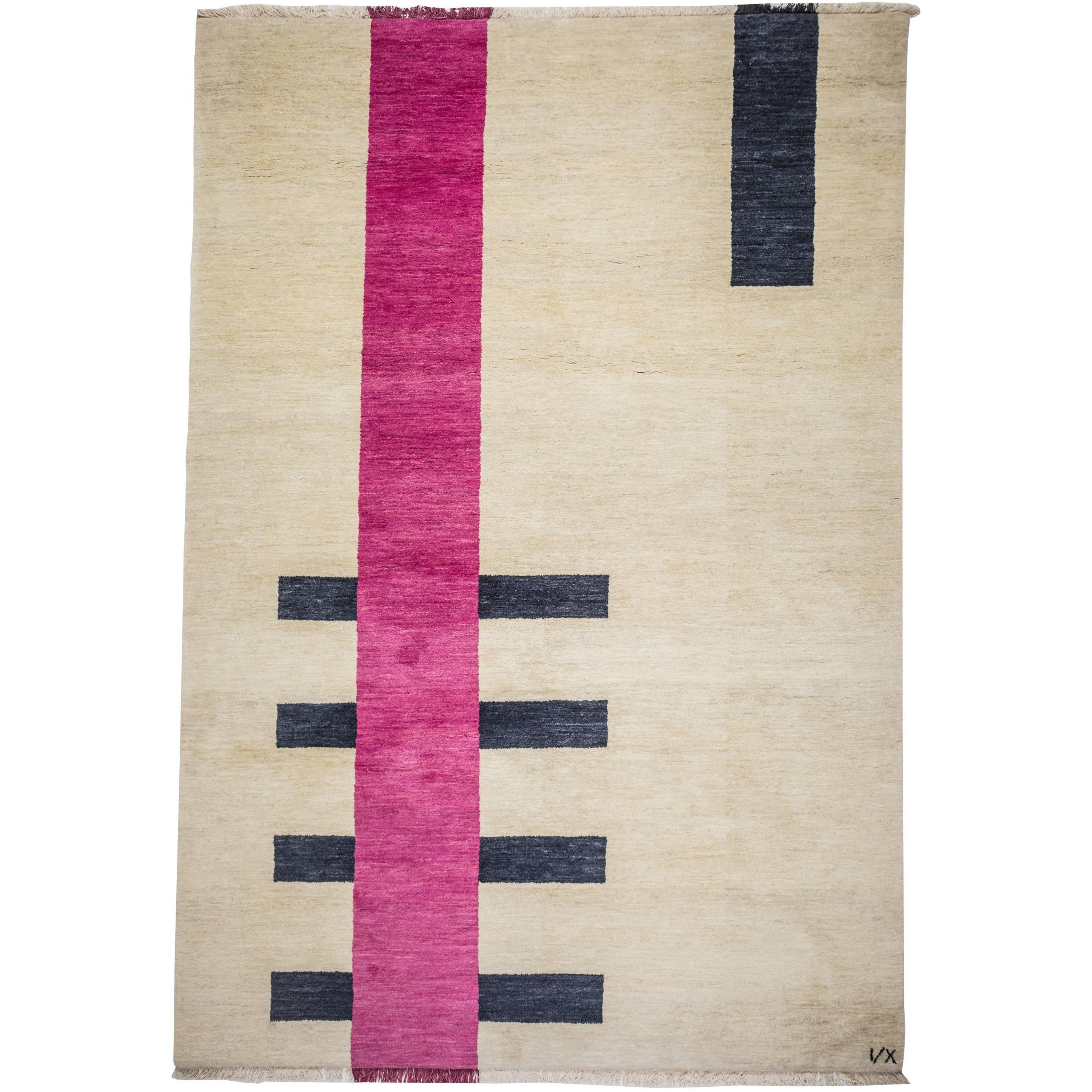  Rug Behind - Geometric Handknotted Cream Beige Wool in Pink Black by Carpets CC For Sale