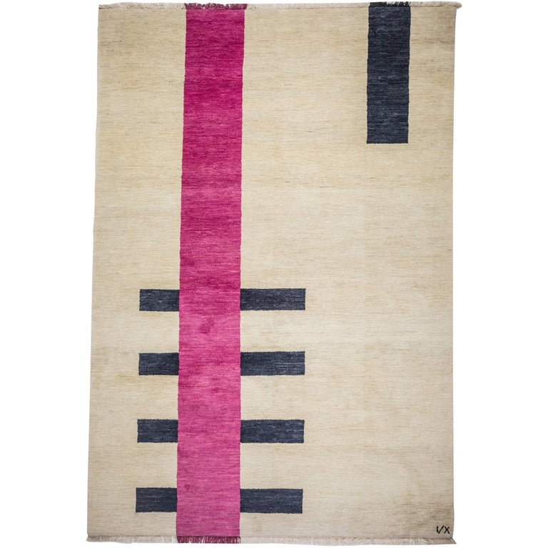 HandKnotted Cream Wool Rug in Pink and Black by Cecilia Setterdahl for