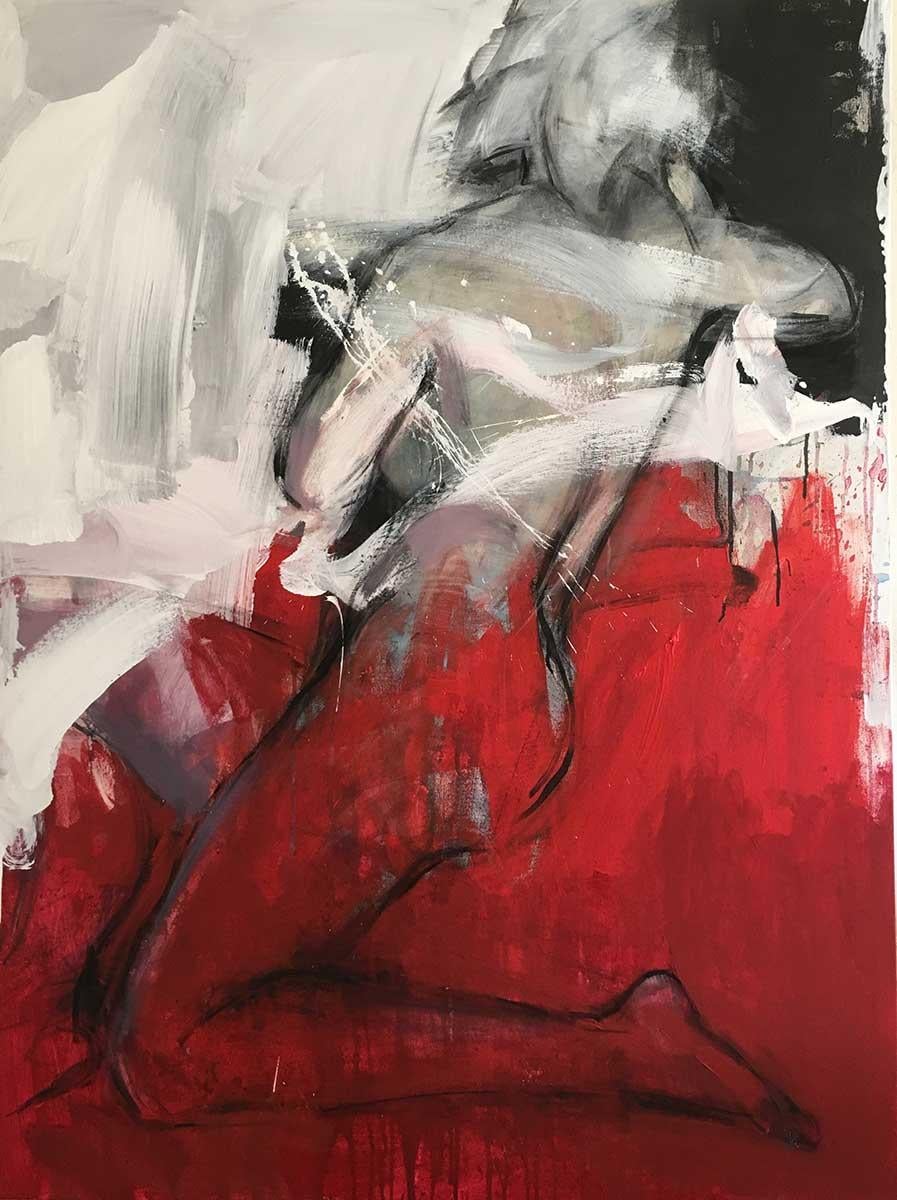 Dieses abstrakte Gemälde eines weiblichen Aktes, "You and I", von Behnaz Sohrabian, wurde 2019 geschaffen und misst 48 x 36 x 2 Zoll. Die Öl-auf-Leinwand-Pinselführung in Rot-, Weiß-, Grau- und Schwarztönen verleiht dem Gemälde eine schnelle und