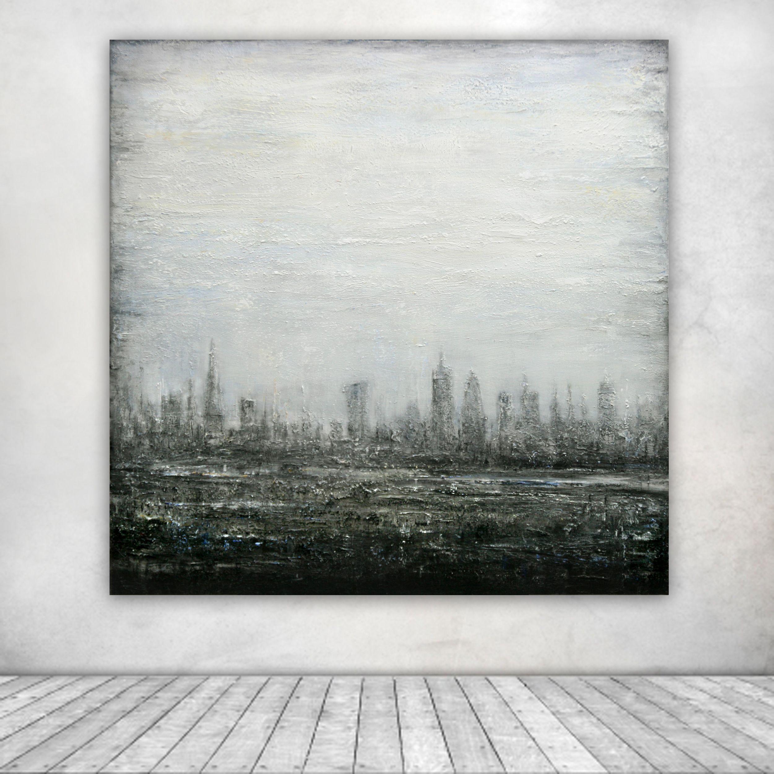 Abstract Cityscape V, Painting, Acrylic on Canvas - Gray Abstract Painting by Behshad Arjomandi