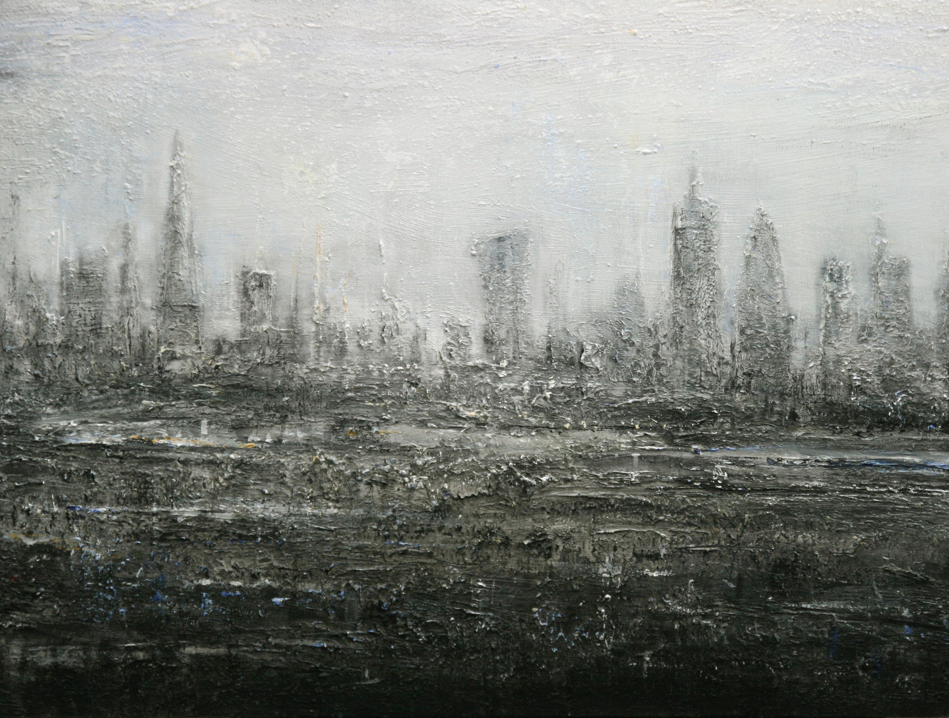 Large cityscape original mixed-media painting  This painting is inspired by the view of London.  It was painted in multiple layers with palette knife and brushes.  The artwork is signed on the back and includes a Certificate of Authenticity.  The