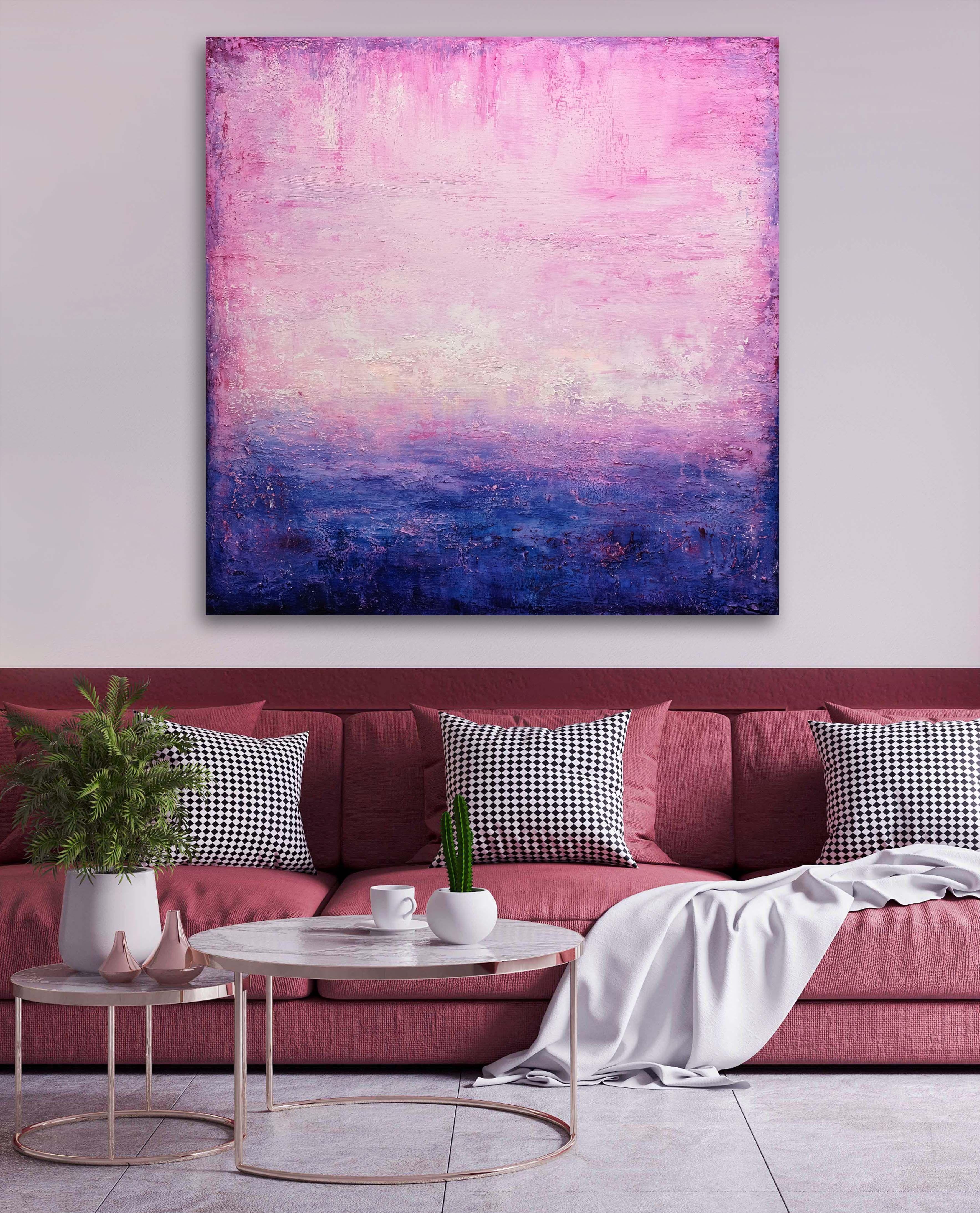 Abstract painting inspired by the colors of the sunset.  It was painted in multiple layers with palette knife and brushes.  The artwork is signed on the back and includes a Certificate of Authenticity.  The painting is done on gallery wrapped canvas
