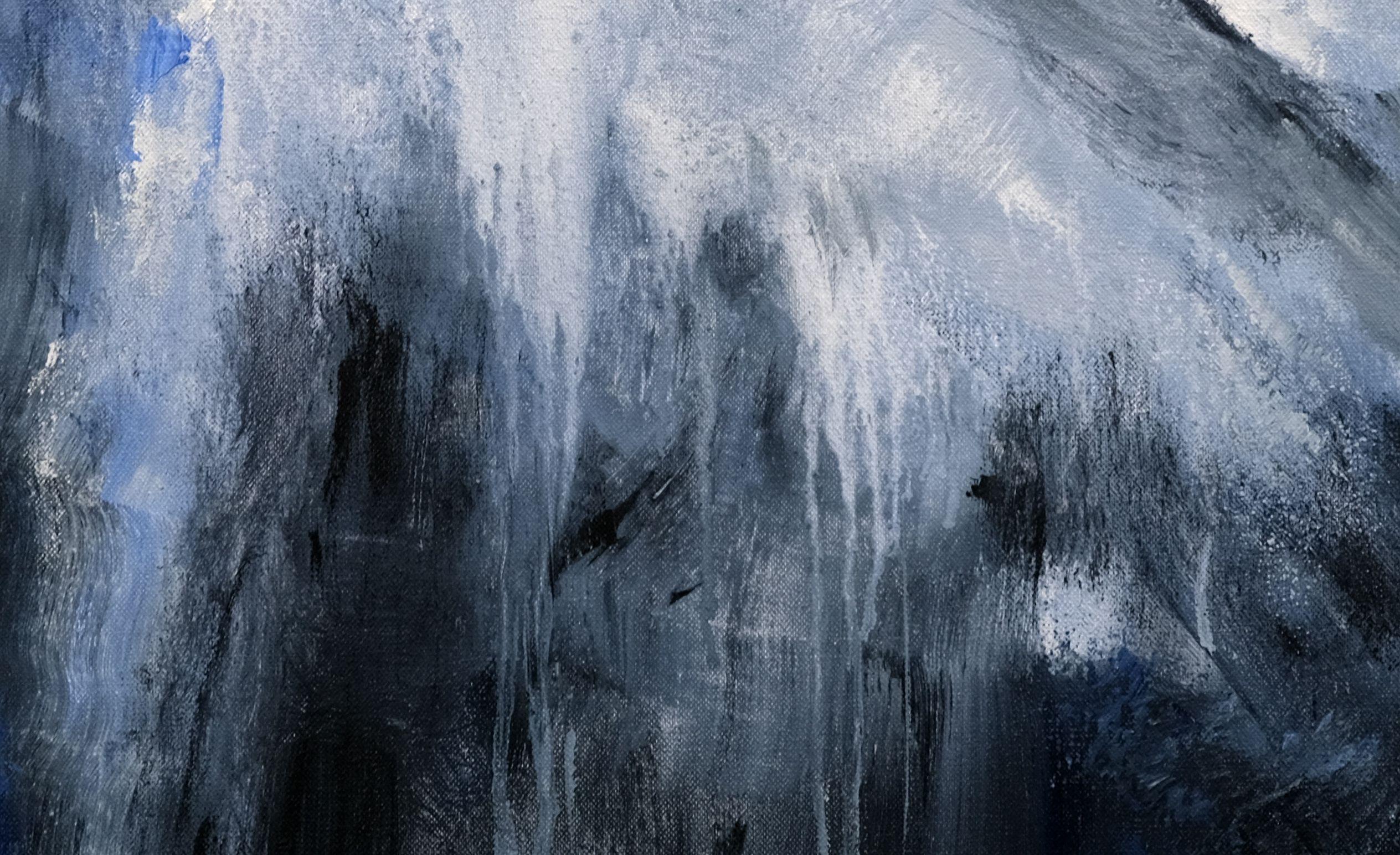 Este cuadro es un paisaje imaginario pero inspirado en las montañas de los Alpes.  En esta serie de cuadros, la obra tiene un carácter físico y abstracto vista de cerca, con pinceladas muy sueltas y utilizando distintos recursos de la pintura
