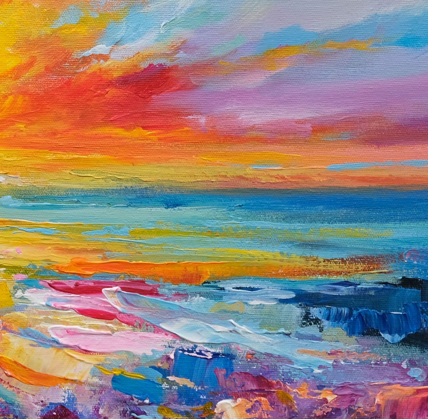 Una puesta de sol de ensueño con colores vibrantes.  Un cuadro original que expresa un paisaje marino de fantasía y una colorida puesta de sol.  Se pintó en varias capas con espátula y pinceles.    * La obra está firmada en el anverso e incluye un