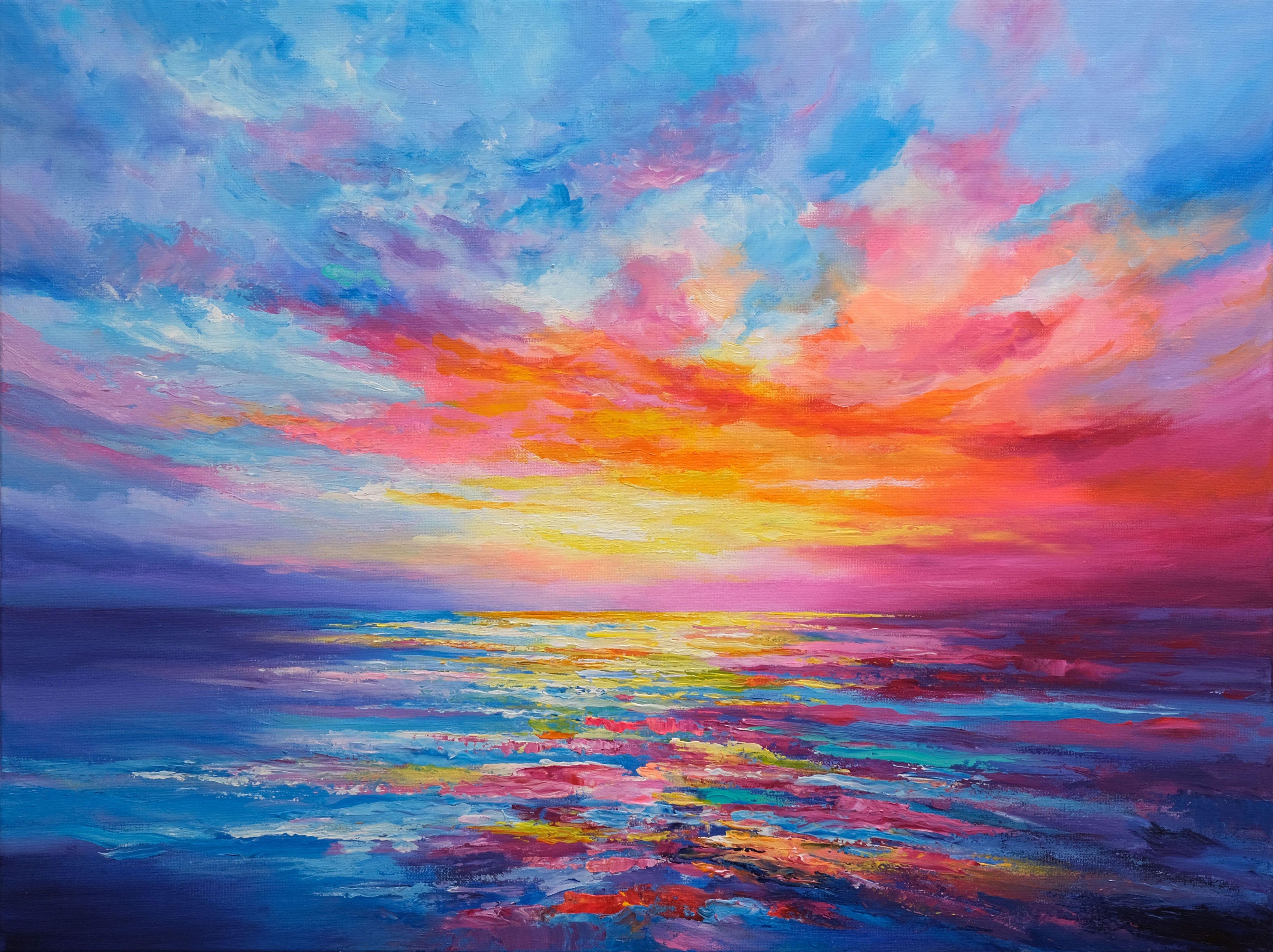 A dream sunrise with vibrant colors.  An original painting that expresses a fantasy seascape and colorful sunrise.  It was painted in multiple layers with palette knife and brushes.    * The artwork is signed on the back and includes a Certificate