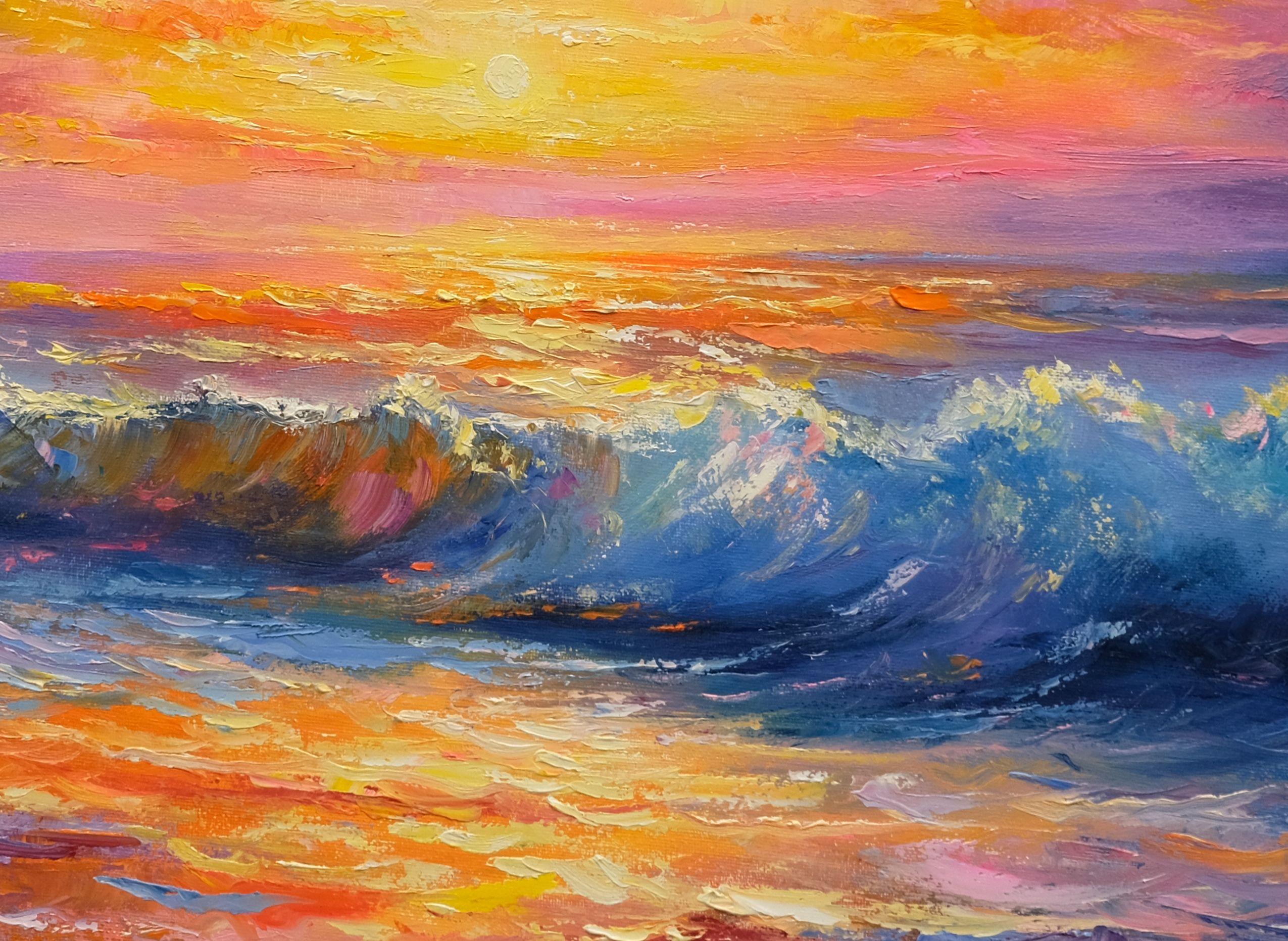 Quadro originale dipinto a mano.    Un tramonto da sogno con colori vibranti.  Un dipinto originale che esprime un paesaggio marino di fantasia e un tramonto colorato.  È stato dipinto a più strati con spatola e pennelli. :: Pittura ::