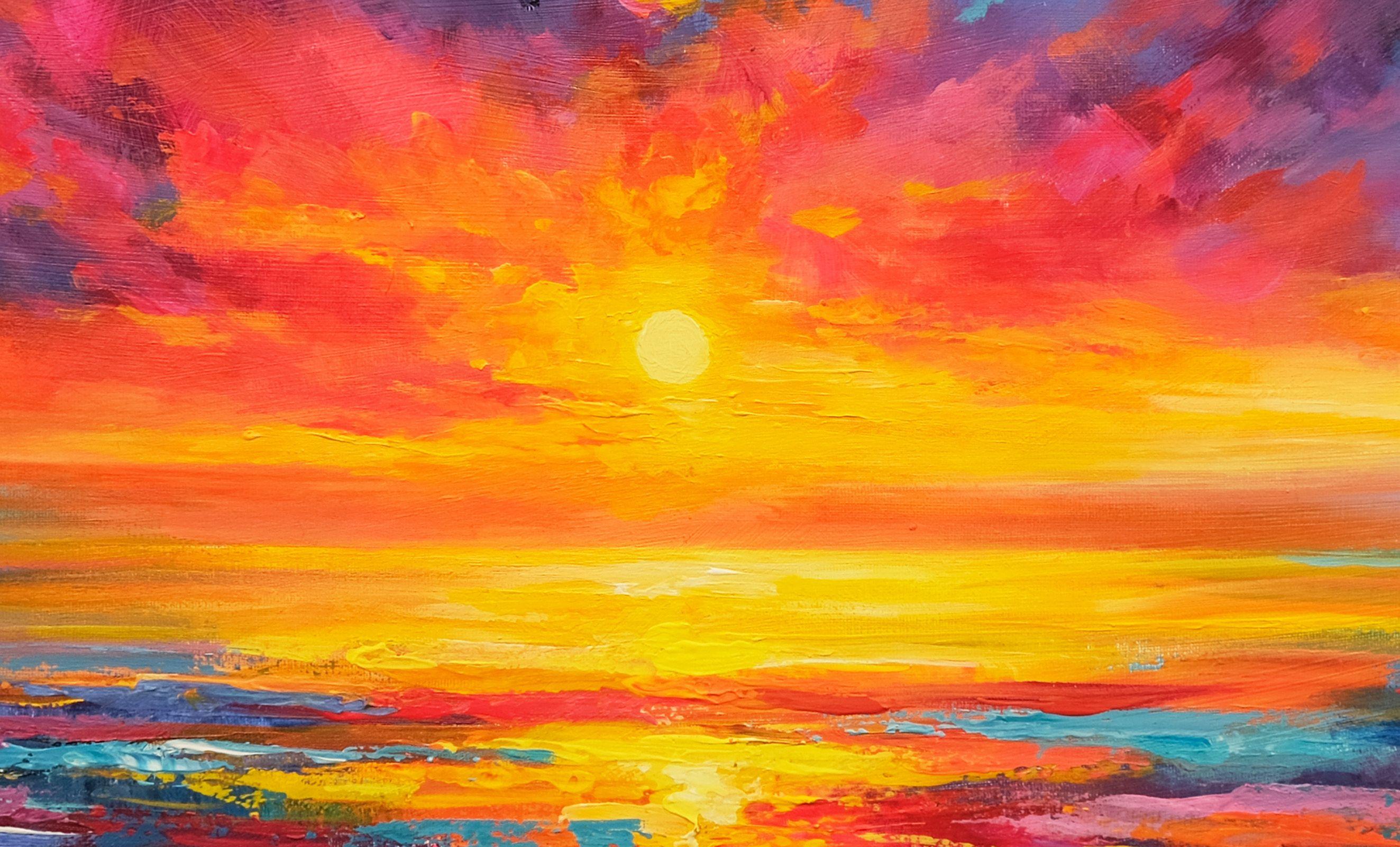 Quadro originale dipinto a mano.    Un tramonto da sogno con colori vibranti.  Un dipinto originale che esprime un paesaggio marino di fantasia e un tramonto colorato. :: Pittura :: Impressionista :: Questo pezzo viene fornito con un certificato