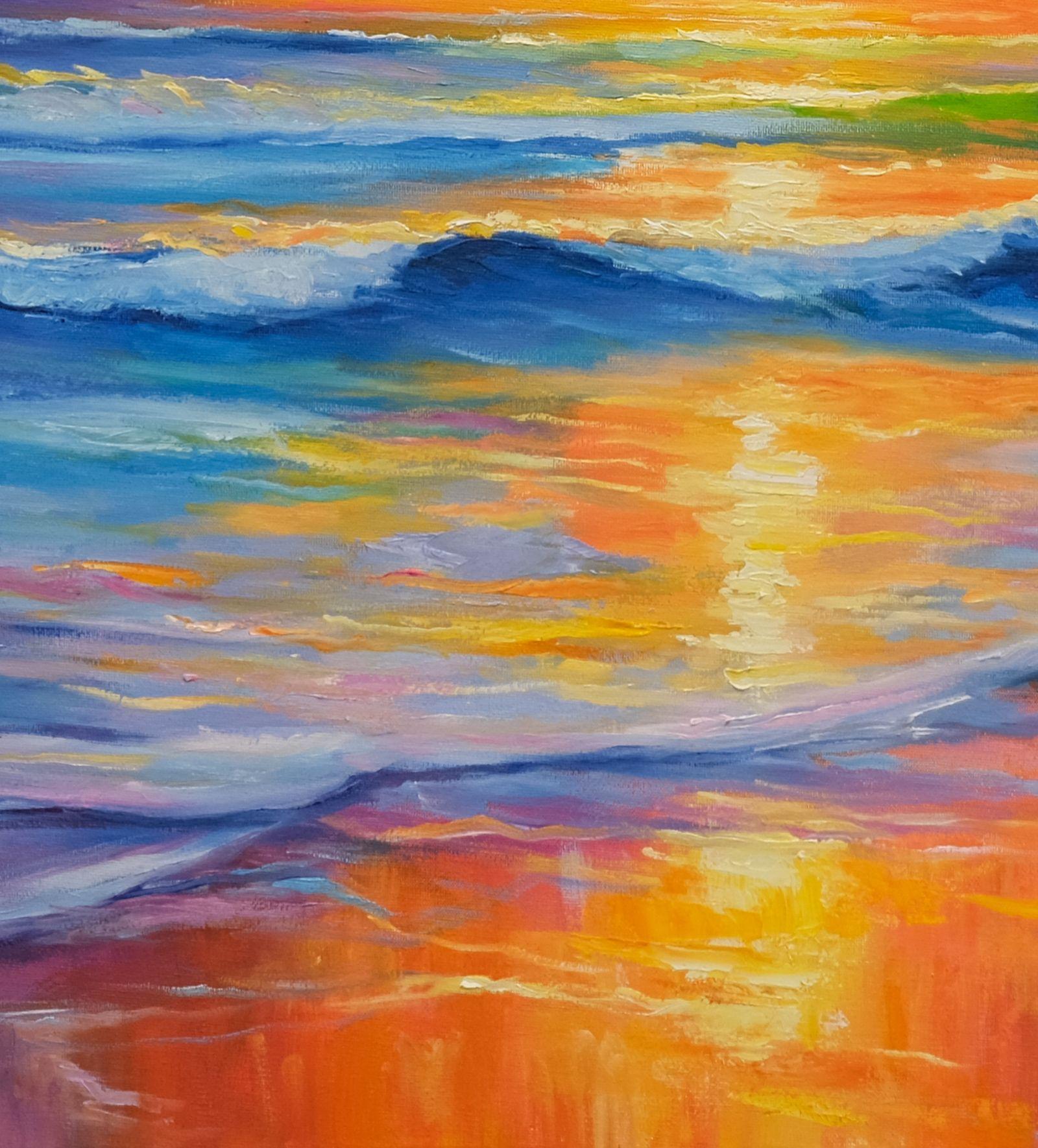 Pintura original pintada a mano.    Una puesta de sol de ensueño con colores vibrantes.  Un cuadro original que expresa un paisaje marino de fantasía y una colorida puesta de sol.    * La obra está firmada en el anverso e incluye un Certificado de