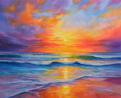 Coucher de soleil fantastique, peinture, huile sur toile