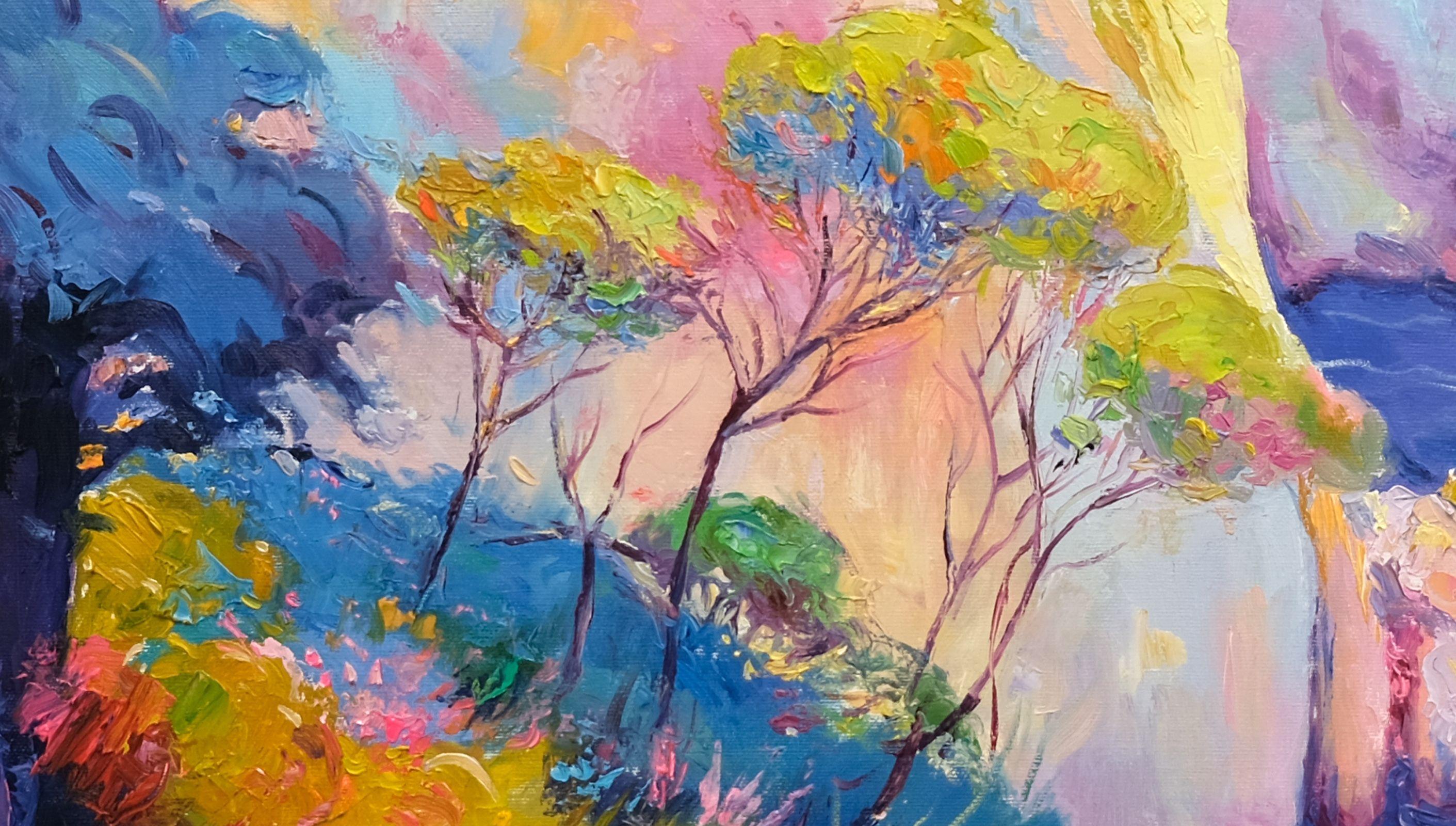 Óleo original pintado a mano.  Inspirado en el paisaje costero de Menorca - España  Este óleo capta la majestuosidad y la tranquilidad de la naturaleza. Este cuadro aporta una energía serena y contemplativa a cualquier espacio, invitando al