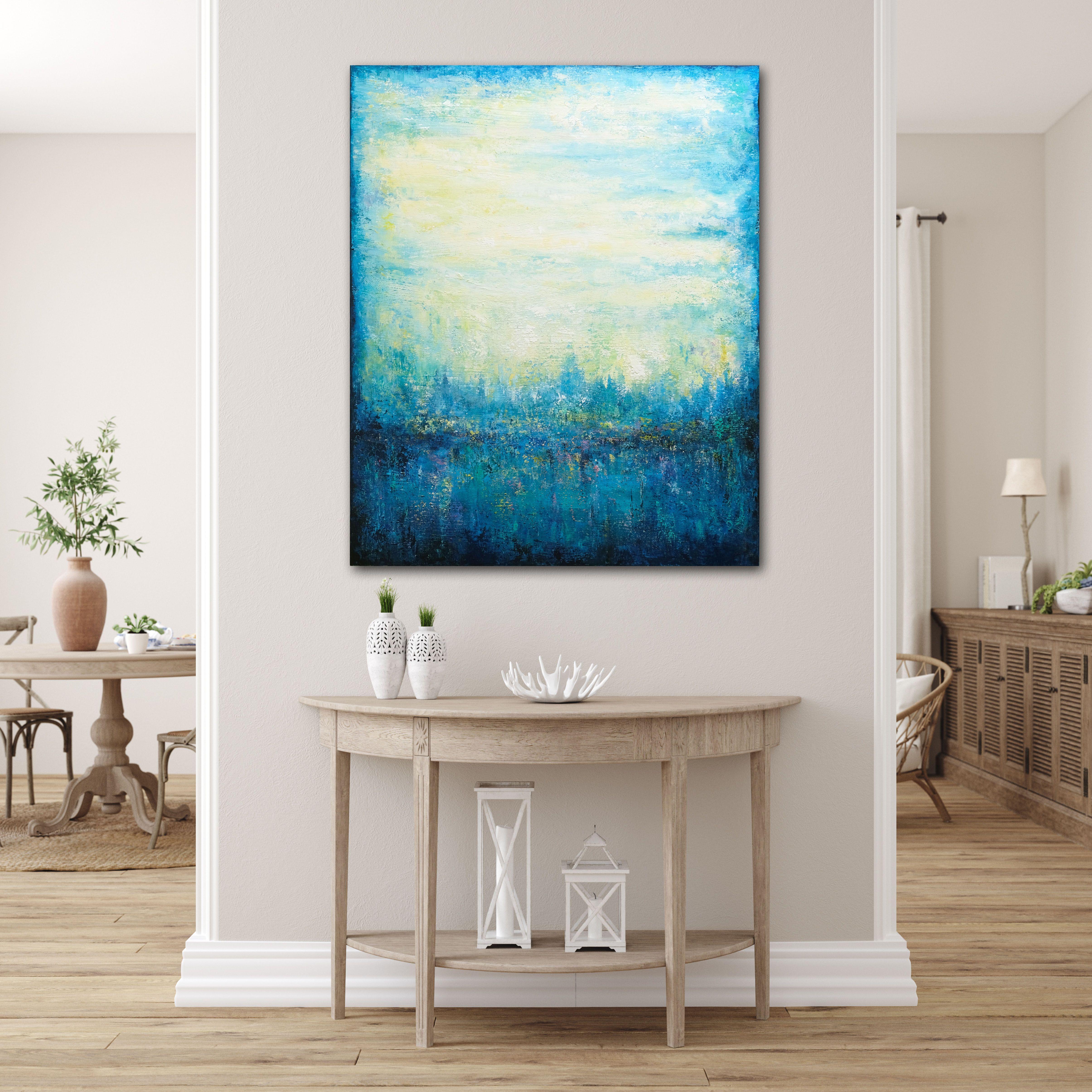 Dimensions: 81x100 cm - 31,89x39,37 inches.  Original abstract painting with turquoise colors that makes you feel relaxed and peaceful.  It was painted in multiple layers with palette knife and brushes.    * The artwork is signed on the back and