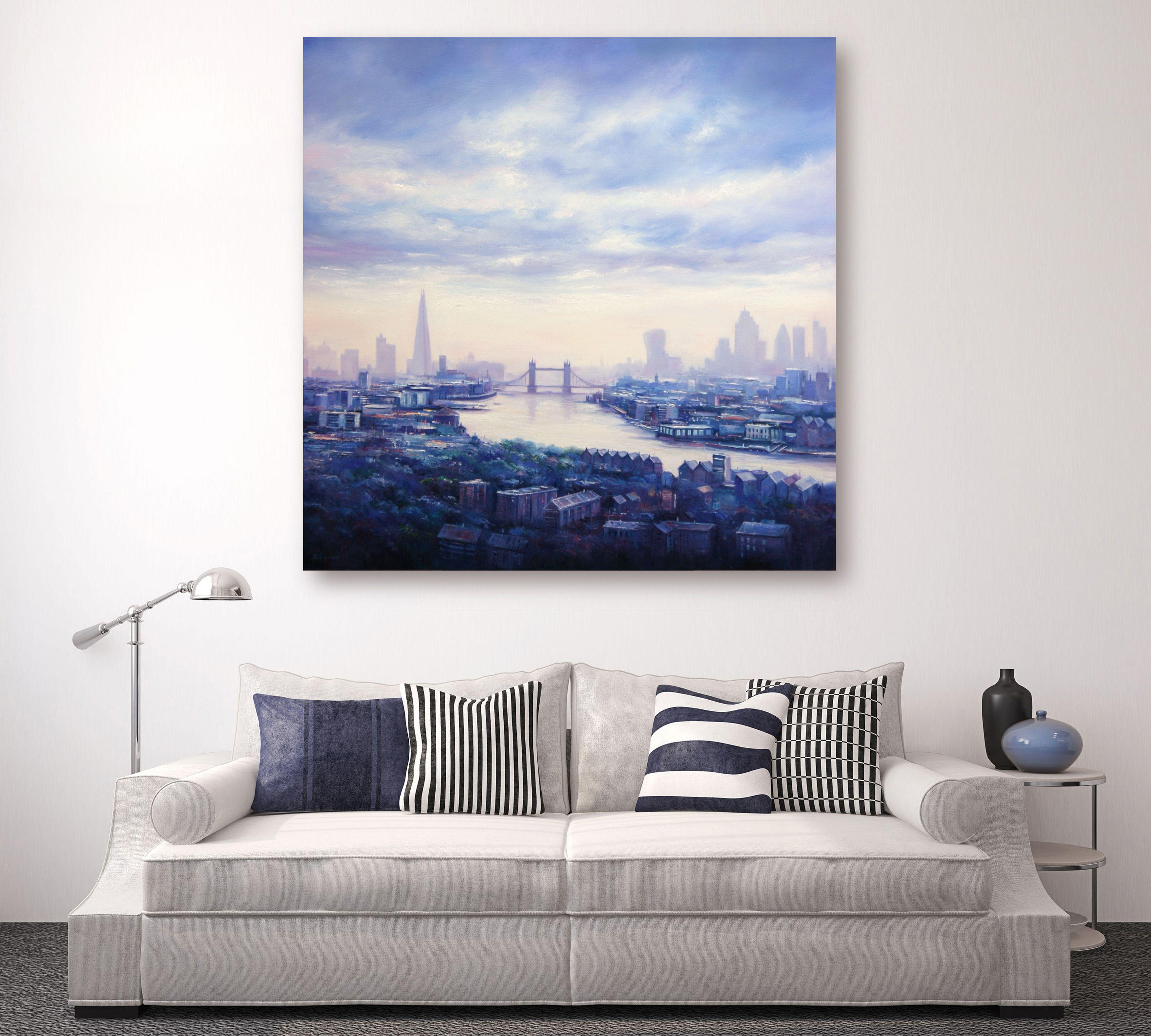 An atmospheric painting of London with River Thames.  Original cityscape painting.  It was painted in multiple layers with palette knife and brushes.  The artwork is signed on the front and includes a Certificate of Authenticity.  The painting is