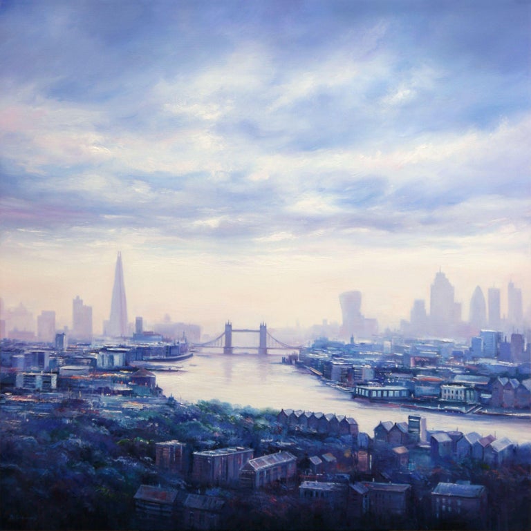 An atmospheric painting of London with River Thames.  Original cityscape painting.  It was painted in multiple layers with palette knife and brushes.  The artwork is signed on the front and includes a Certificate of Authenticity.  The painting is