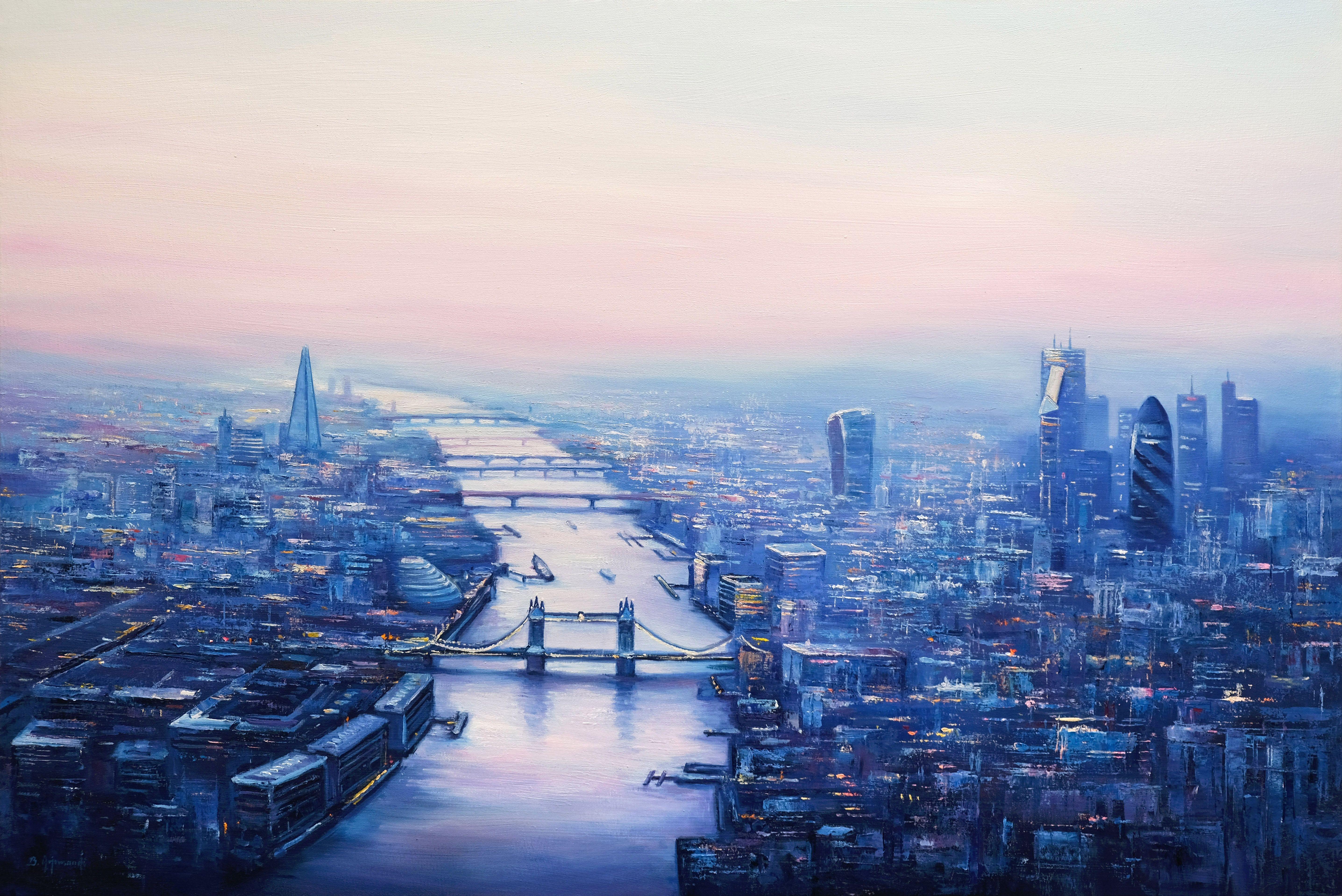 An atmospheric painting of London with River Thames.  Original cityscape oil painting.    It was painted in multiple layers with palette knife and brushes.    * The artwork is signed on the front and includes a Certificate of Authenticity.  * The