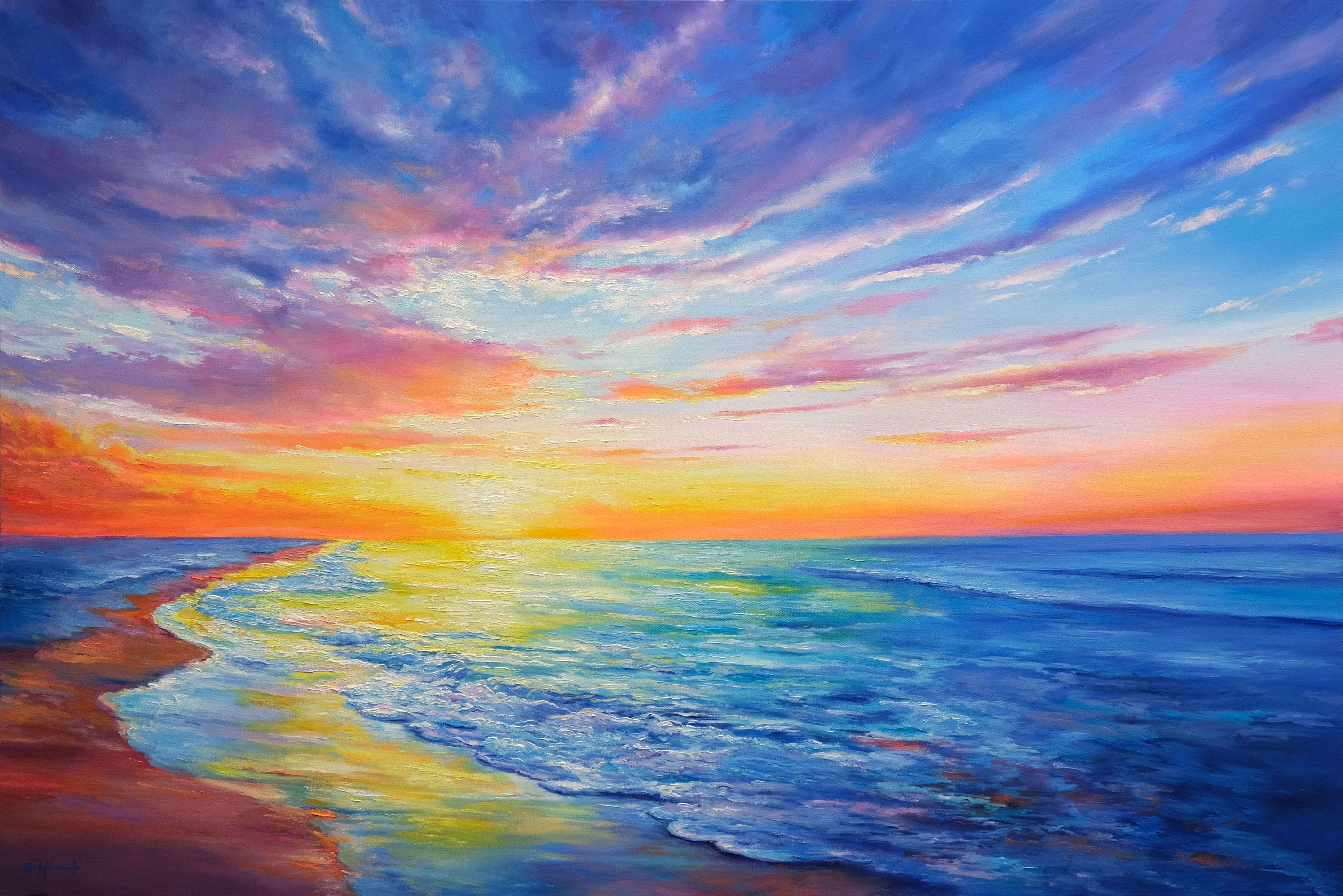 A dream sunrise with vibrant colors.  It is a painting that expresses a fantasy seascape and a colorful sunrise.    It was painted in multiple layers with palette knife and brushes.    * The artwork is signed on the front and includes a Certificate