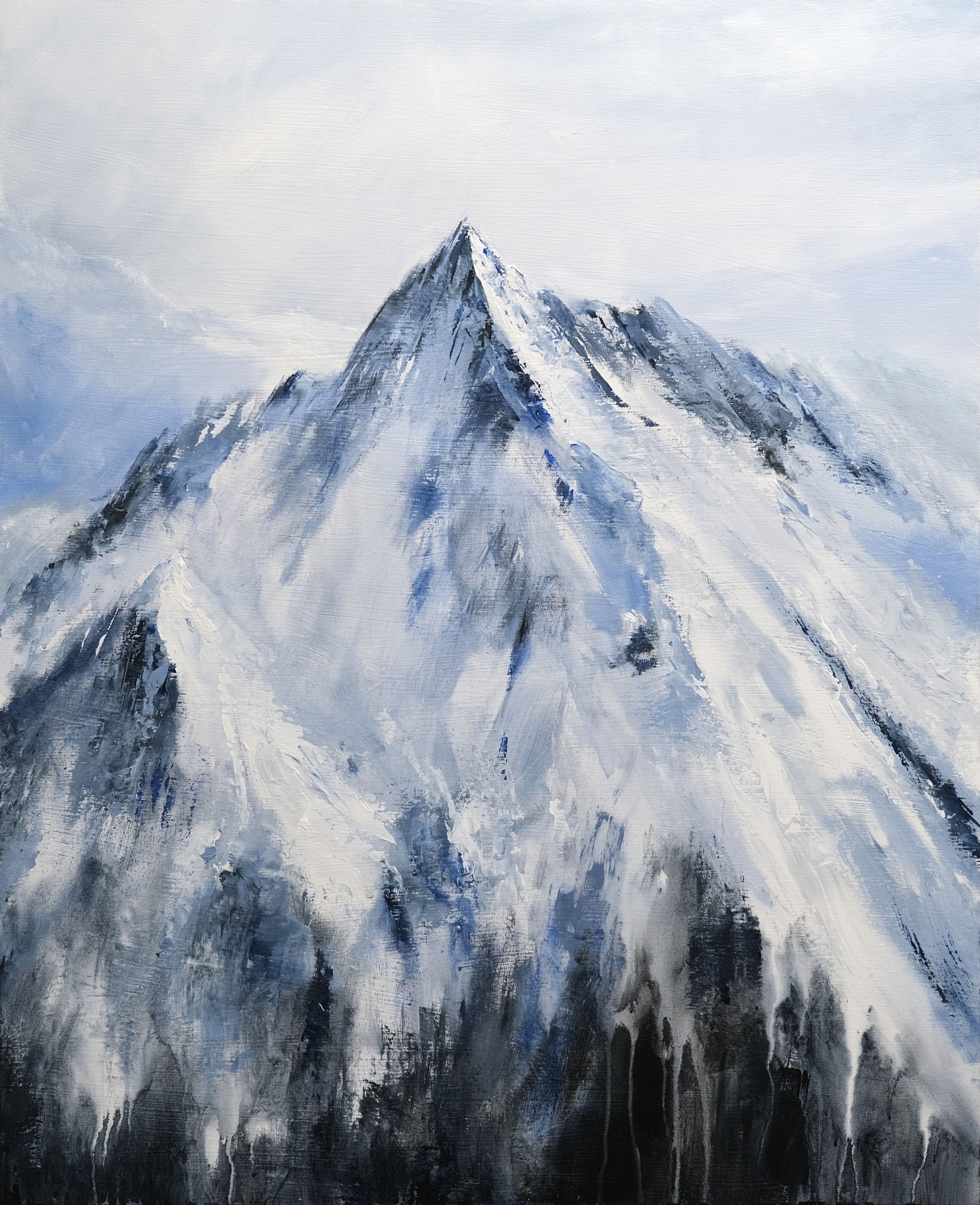This painting is an imaginary landscape but inspired by the mountains in the Alps.  In this series of paintings, the artwork has a physical and abstract character seen up close with very loose brushstrokes and using different resources of acrylic