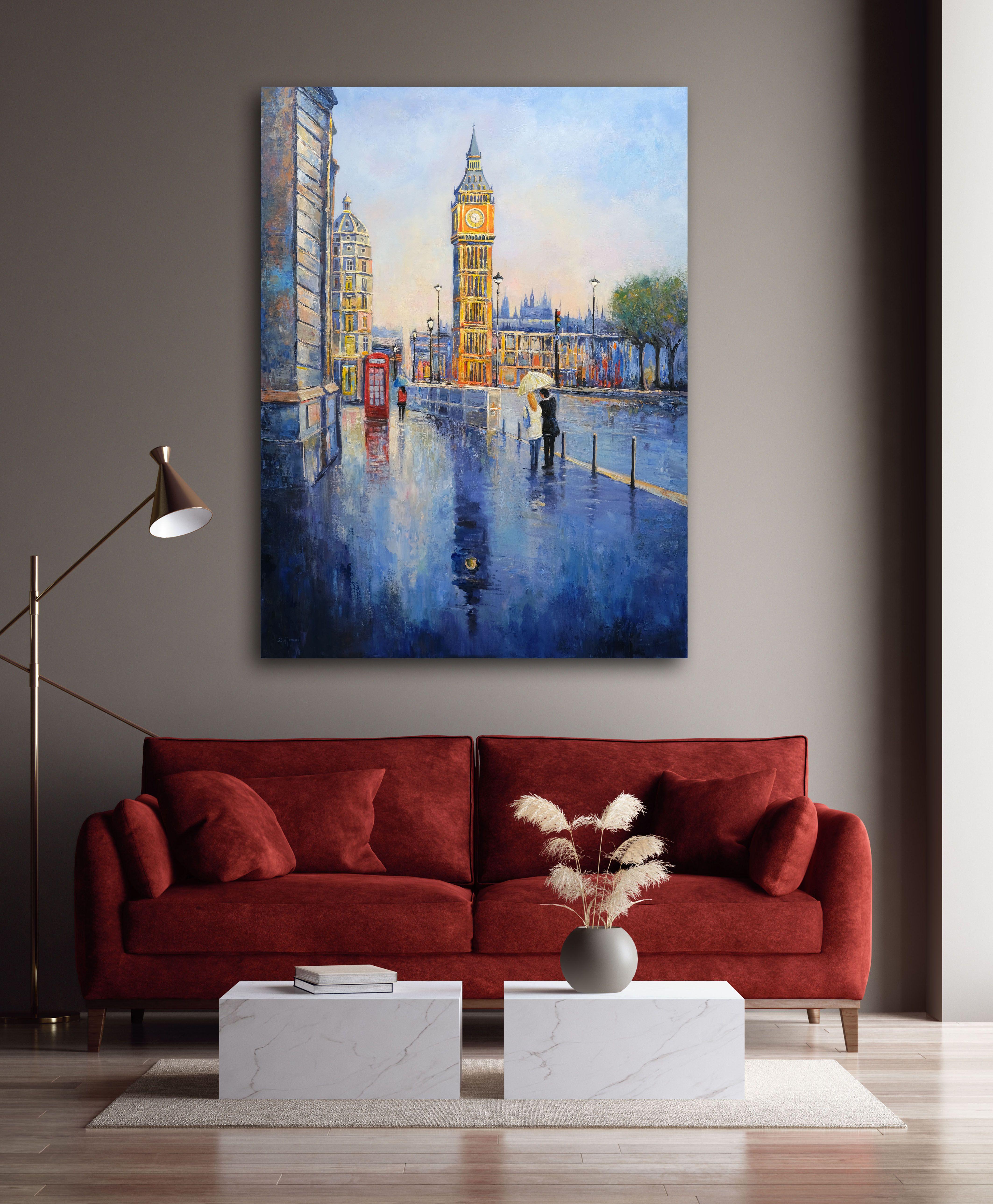 Un gran cuadro original de Londres.  Se pintó en varias capas con espátula y pinceles.  La obra está firmada en el anverso e incluye un Certificado de autenticidad.  El cuadro está pintado sobre lienzo envuelto para galería, utilizando pinturas y