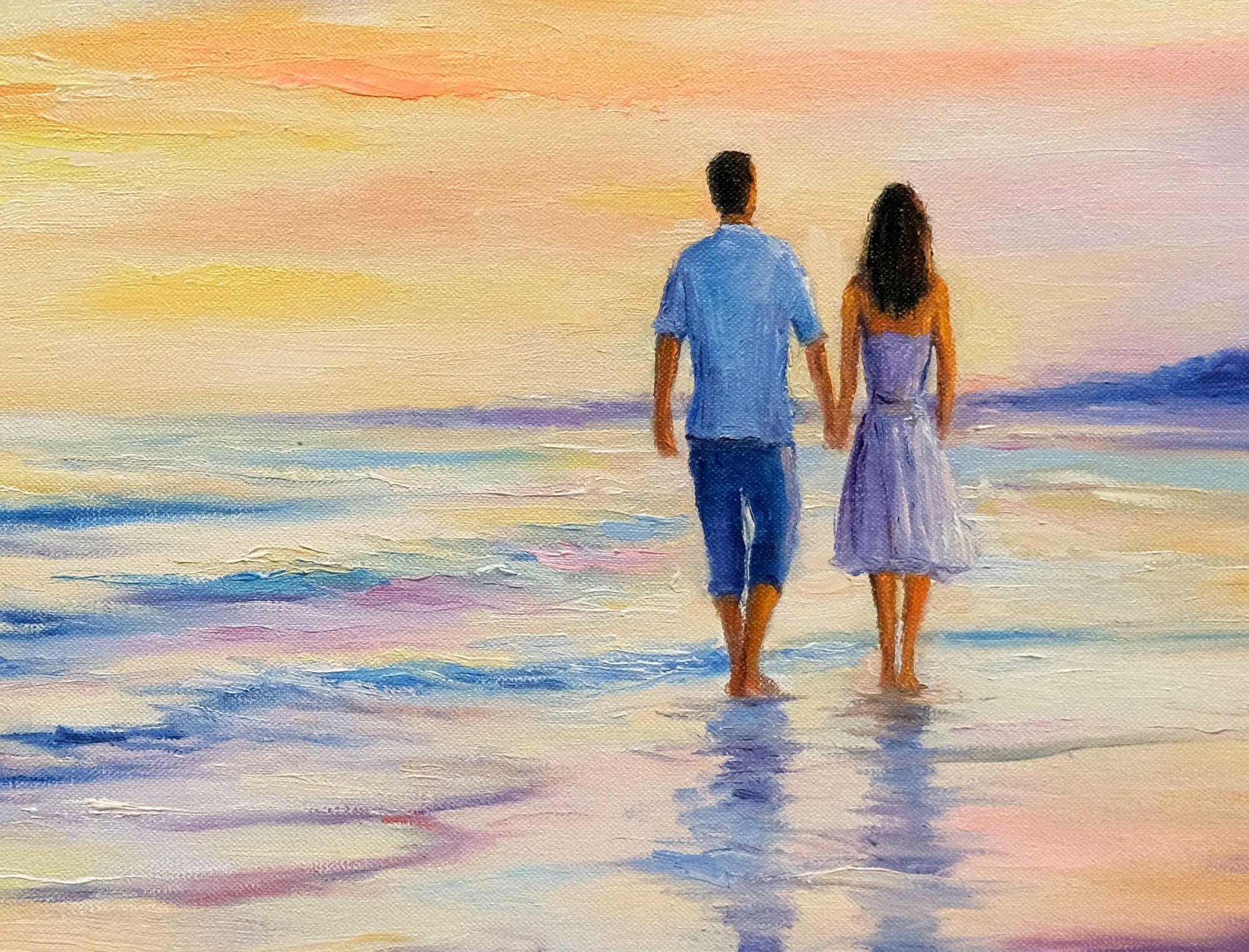 Quadro originale dipinto a mano.    Pittura a olio originale piena di luce, toni di colore e passione. Un dipinto appassionato che cattura un paesaggio marino al tramonto con una coppia che passeggia sulla spiaggia.    * L'opera è firmata sul fronte