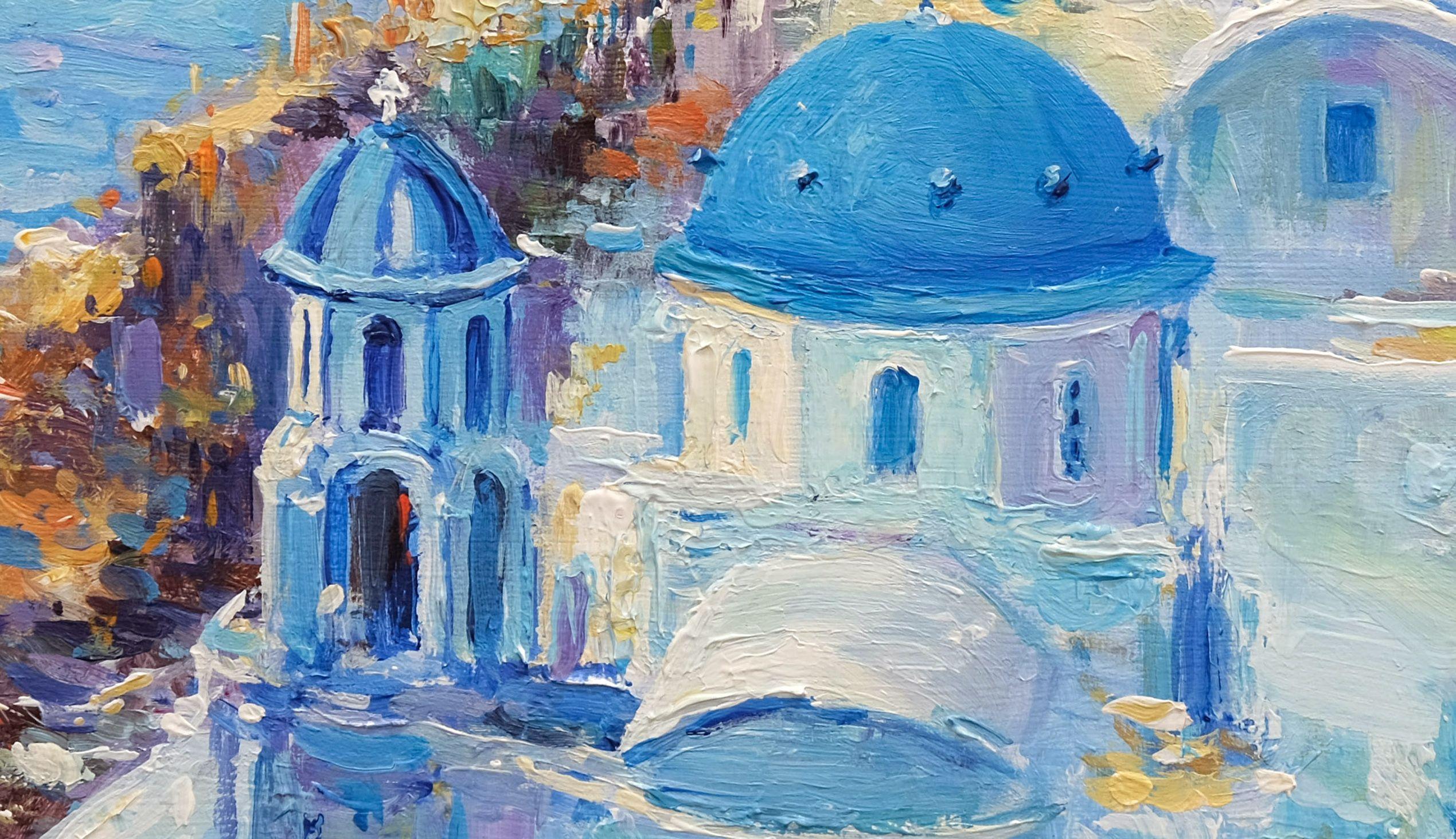 Original-Ölgemälde von Santorin, einem der schönsten Orte in Griechenland.    Es wurde in mehreren Schichten mit Spachtel und Pinsel gemalt.    * Das Kunstwerk ist auf der Rückseite signiert und enthält ein Echtheitszertifikat.  * Das Gemälde wird