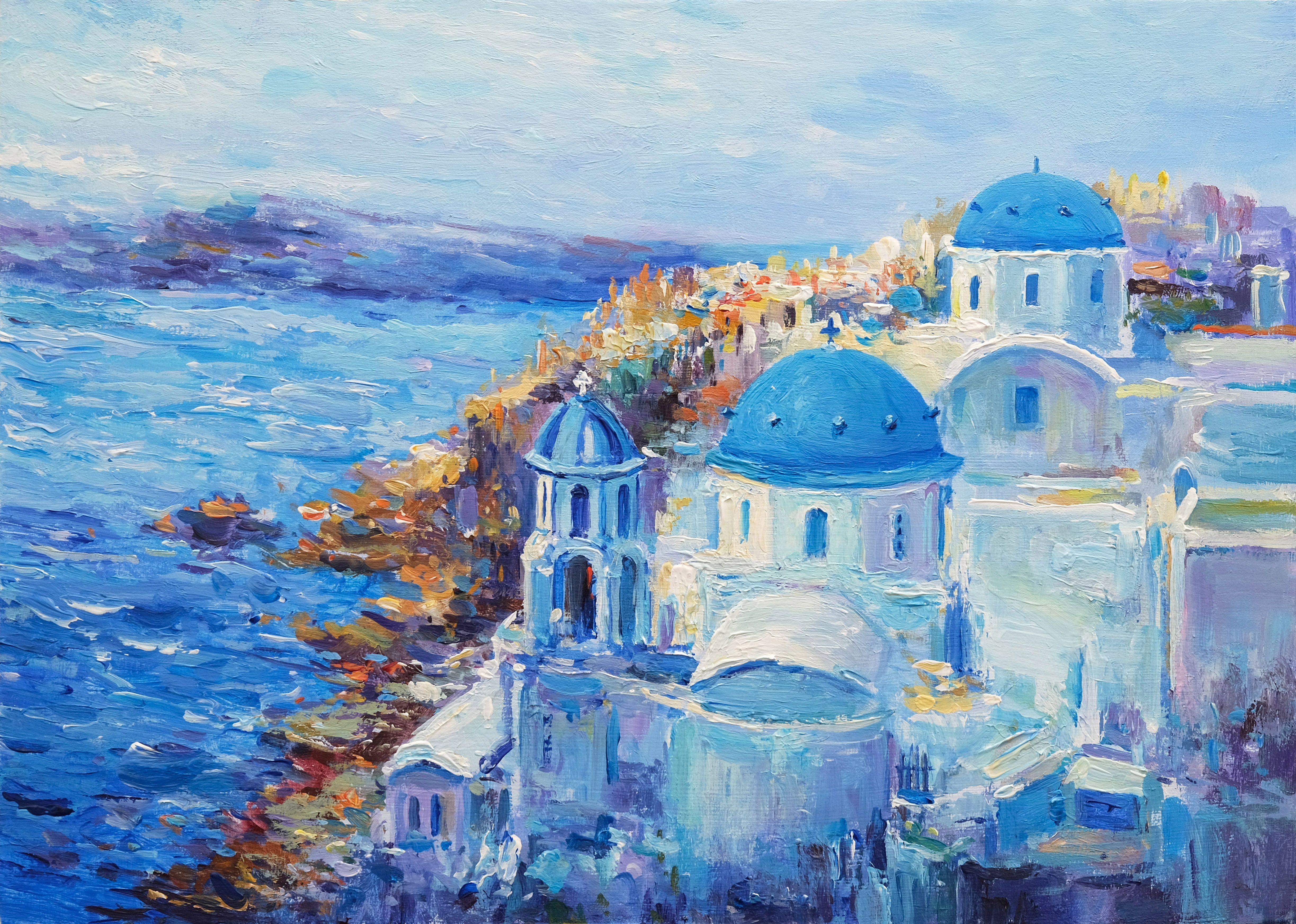 Santorini, Gemälde, Öl auf Holzplatte – Painting von Behshad Arjomandi