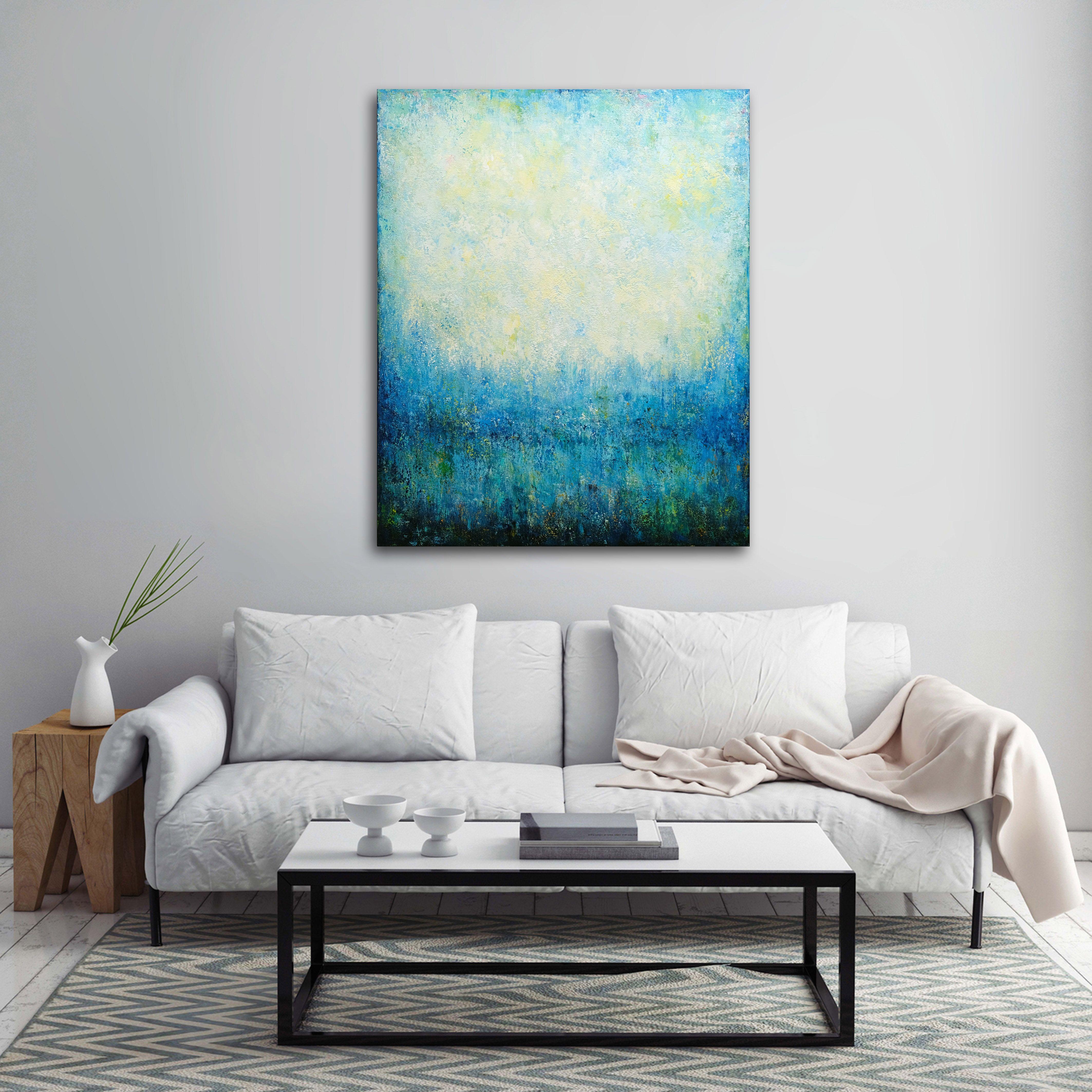Dimensions: 81x100 cm - 31,89x39,37 inches.  Original abstract painting with turquoise colors that makes you feel relaxed and peaceful.  It was painted in multiple layers with palette knife and brushes.    * The artwork is signed on the back and