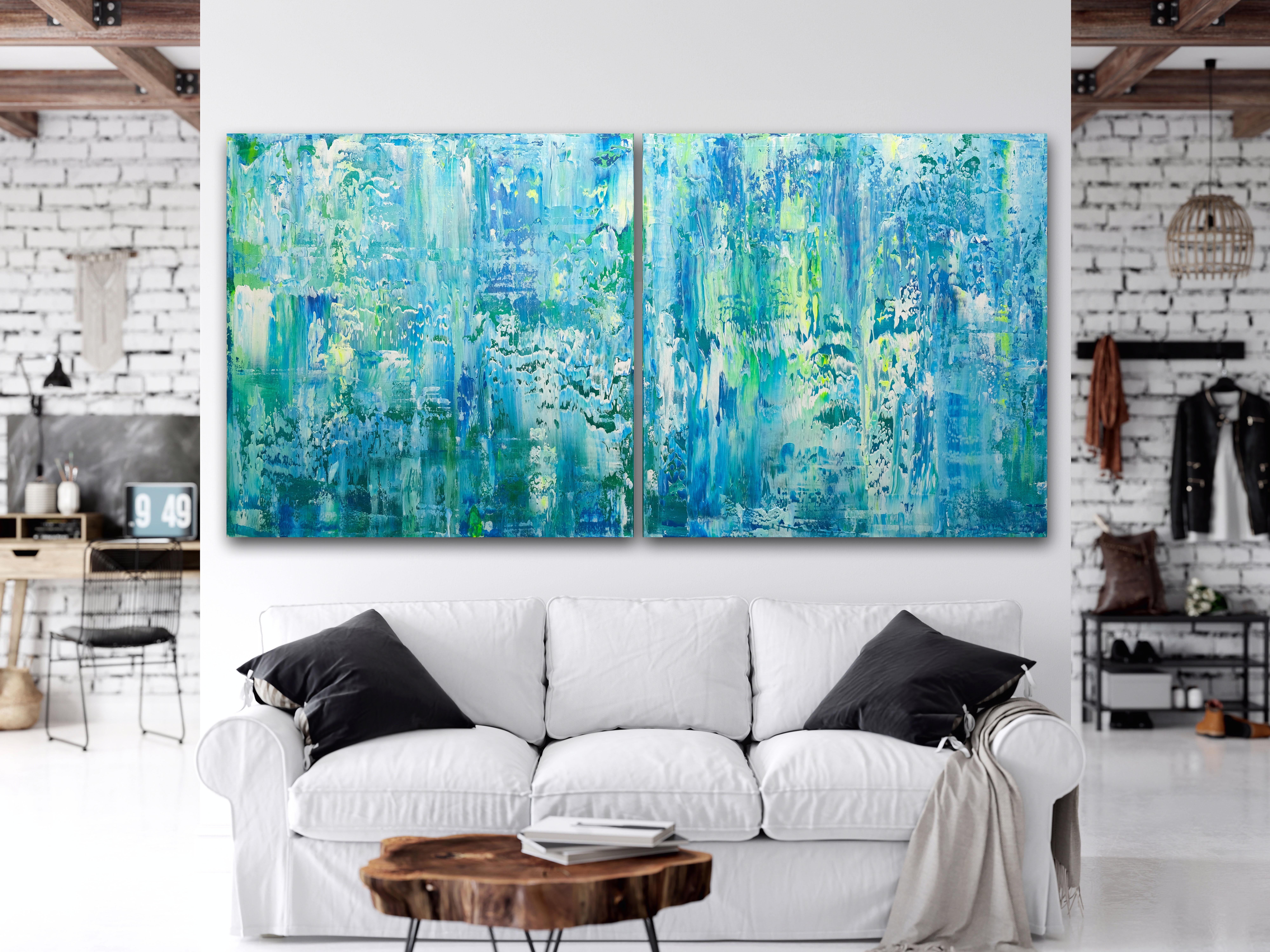Dimensions of diptych: 200x100 cm â€“ 78,74x39,37 inches.  Dimensions of each: 100x100cm - 39,37x39,37 inches.  Large original abstract diptych painting.    * The artwork is signed on the back and includes a Certificate of Authenticity.  * The