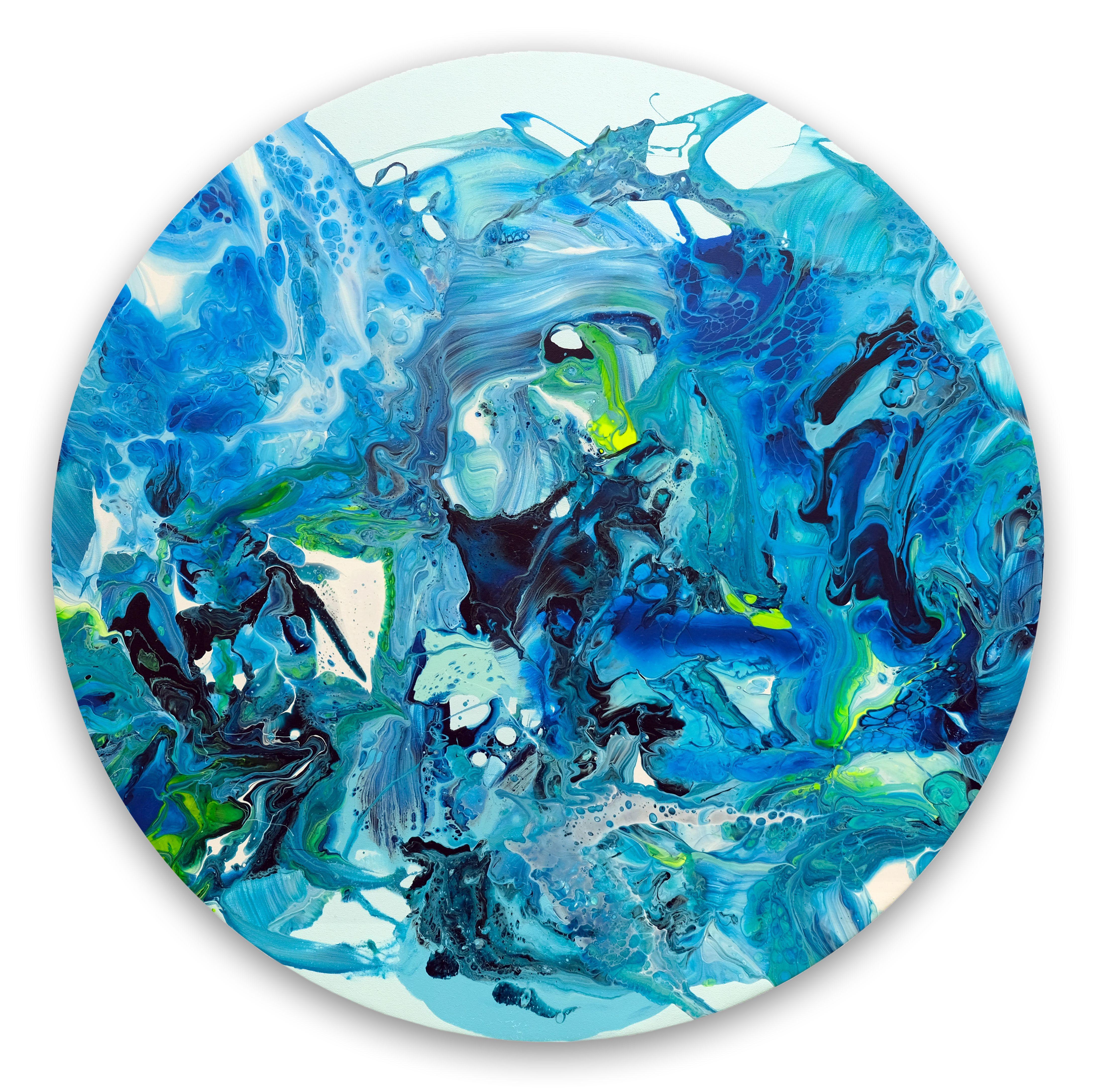 Circular abstract painting on round stretched canvas    A fresh, vibrant and vital painting that combines the personality of colour with the brushstrokes and abstract forms created by the artist.    * This artwork is a hand painted, original