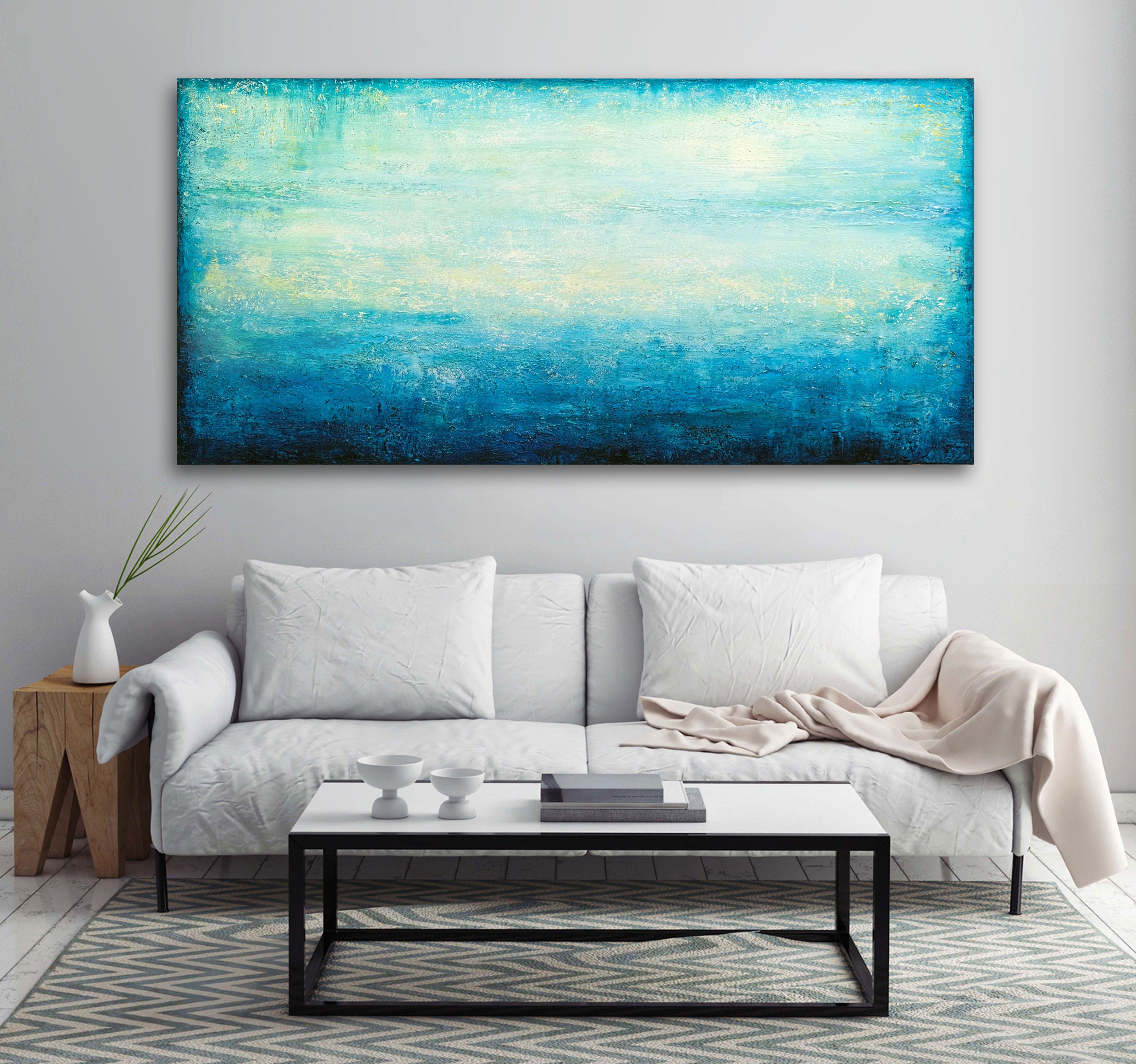 Large original abstract painting with turquoise colors that makes you feel relaxed and peaceful.  It was painted in multiple layers with palette knife and brushes.  The artwork is signed on the back and includes a Certificate of Authenticity.  The