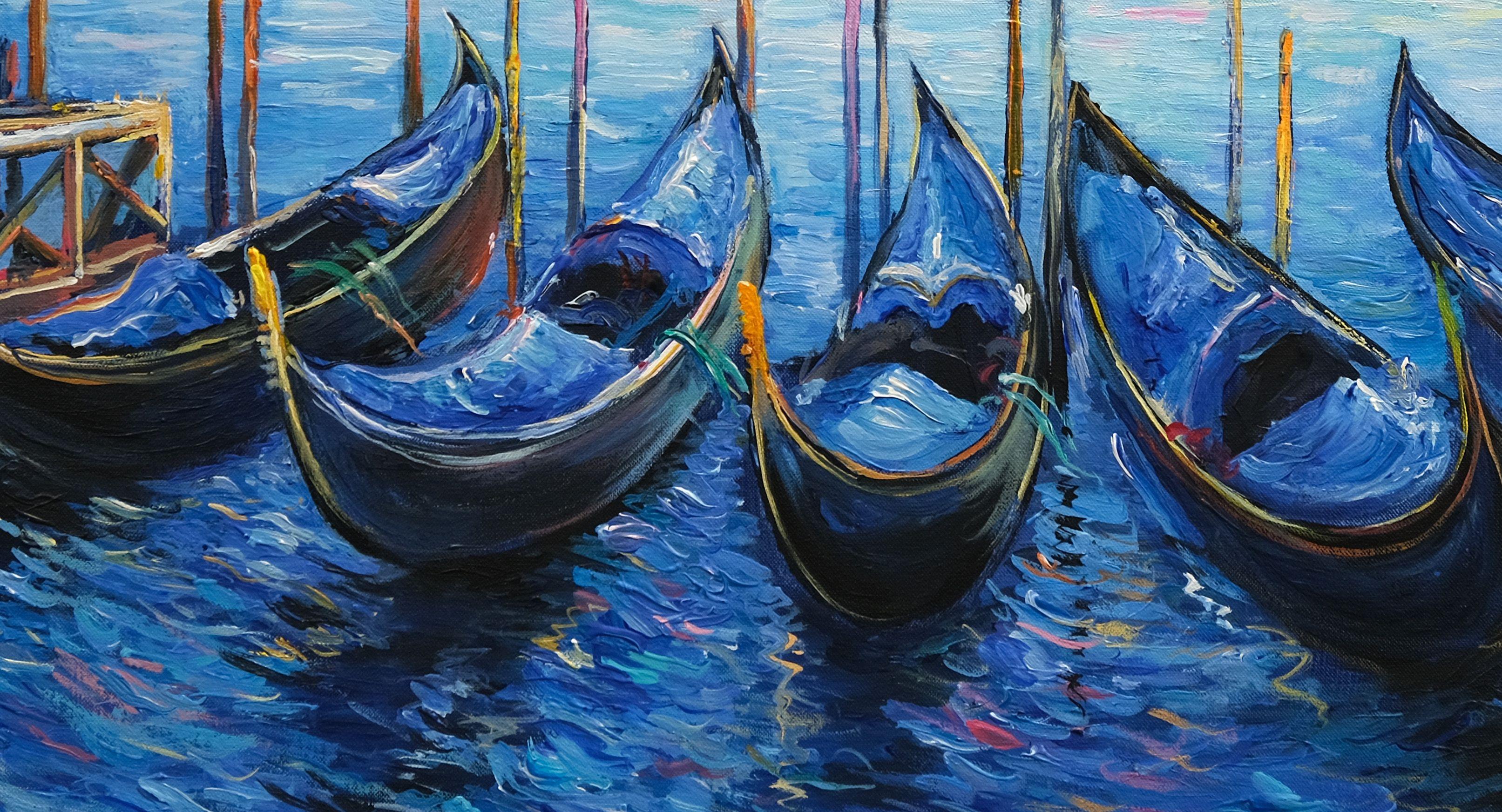 Gondoles de Venise, peinture, acrylique sur toile - Impressionnisme Painting par Behshad Arjomandi